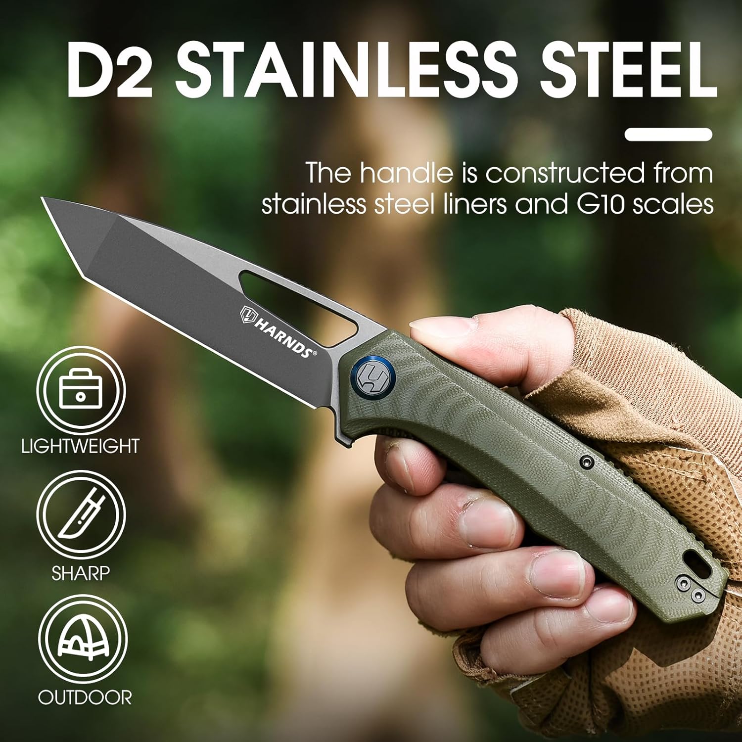 Harnds Pocket Knife, 3.66'' D2 Steel Blade Folding Knife, Tanto Blade EDC with Pocket Clip for Men, G10 Handle, Outdoor Survival Camping Knives - Alcor