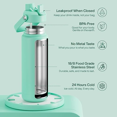 Miniatura 505 de ENCOOL Botella de agua aislada con popote, de acero inoxidable, a prueba de fugas, sin BPA, al vacío de doble pared que se mantiene fría durante 24