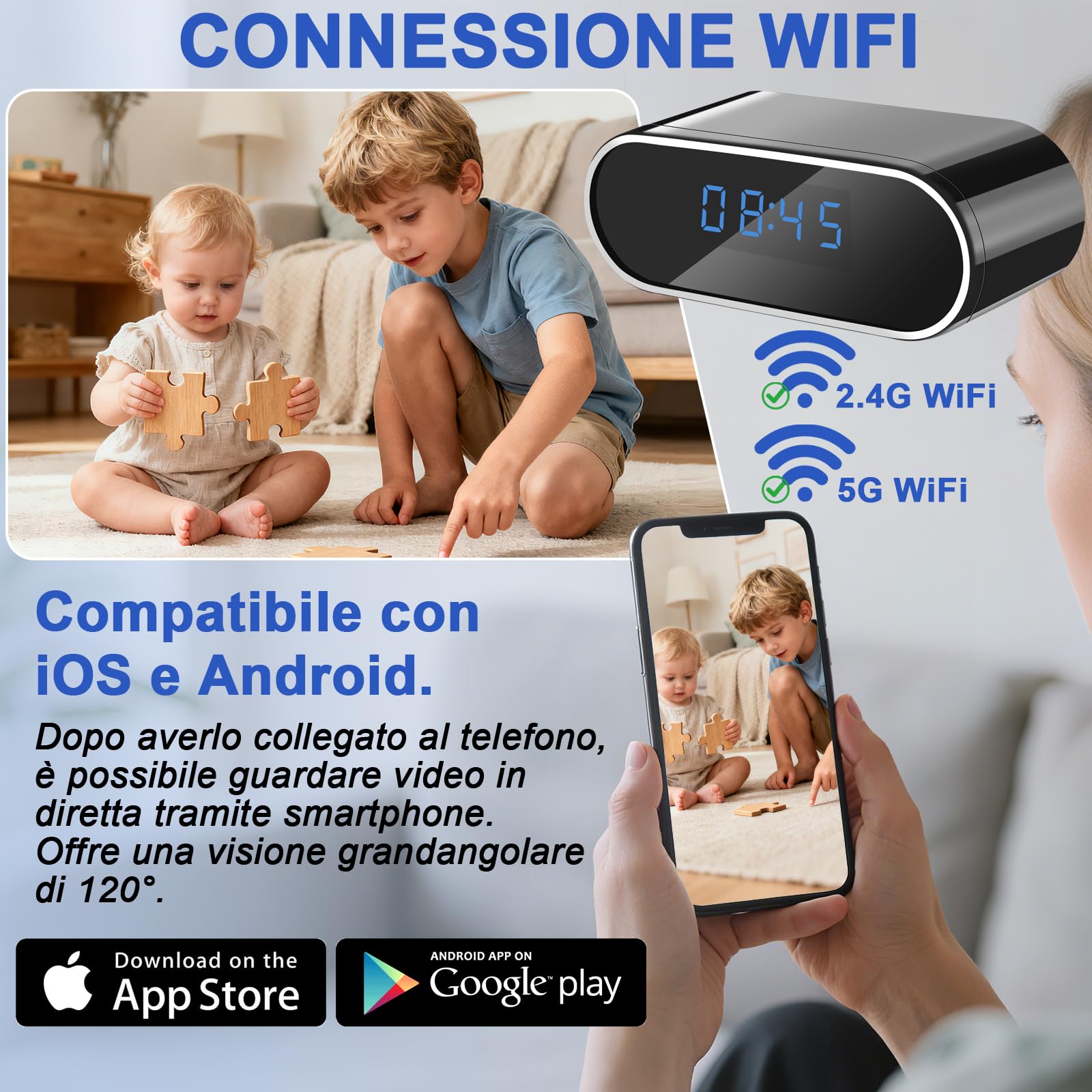 Telecamera Spia WiFi 5G, Mini Telecamera Nascosta WiFi, Telecamera Spia | Telecamera Nascosta 2 in 1 con Orologio, WiFi 2,4 e 5G, Visualizzazione Tramite APP per la Sicurezza Domestica
