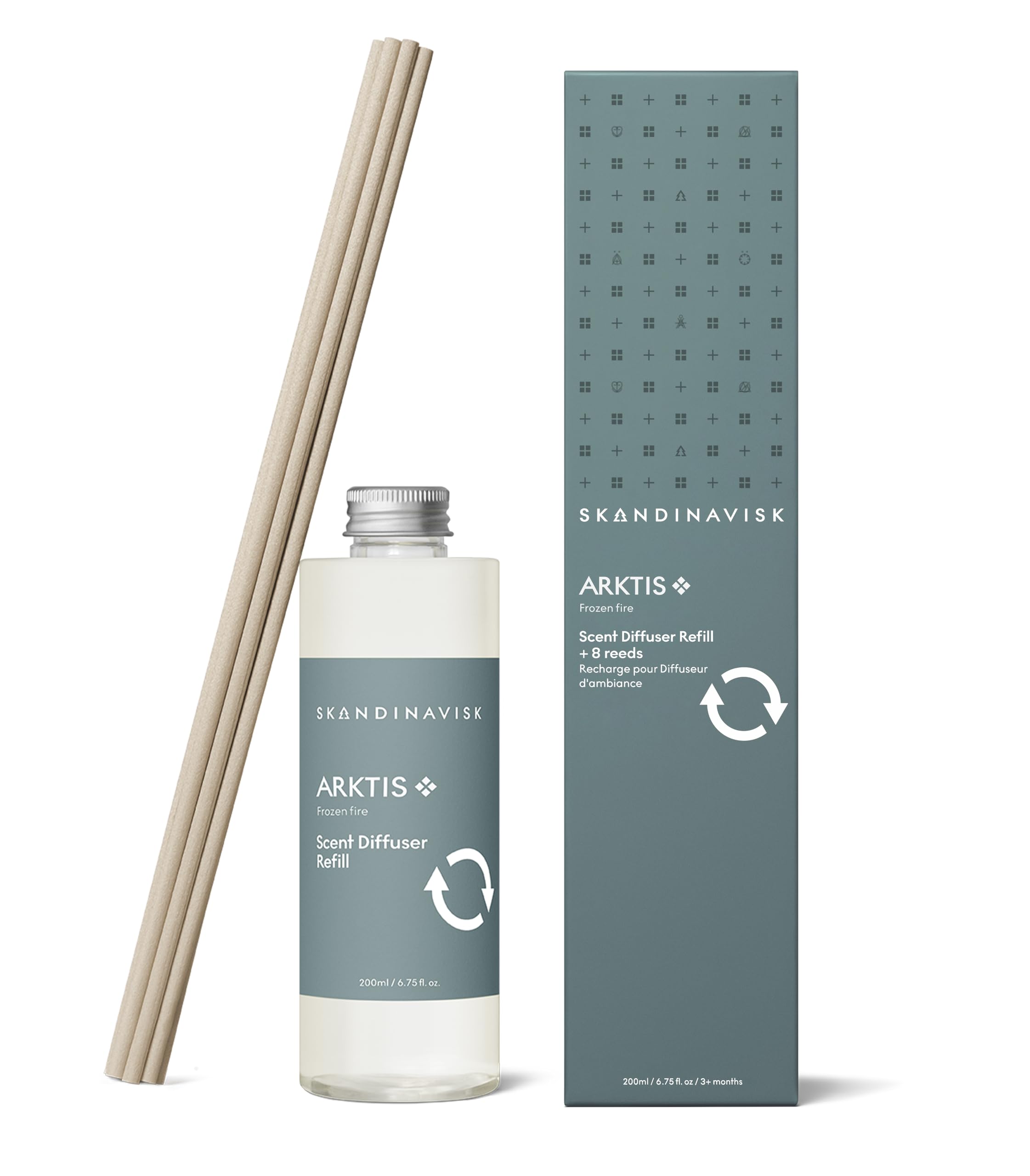 Skandinavisk ARKTIS ‘Arctic‘ Reed Diffuser Refill with 8 Reeds. Lasts +3 Months. Fragrance Notes: Windswept woods and arctic sage, spearmint and snowflakes. 200 ml