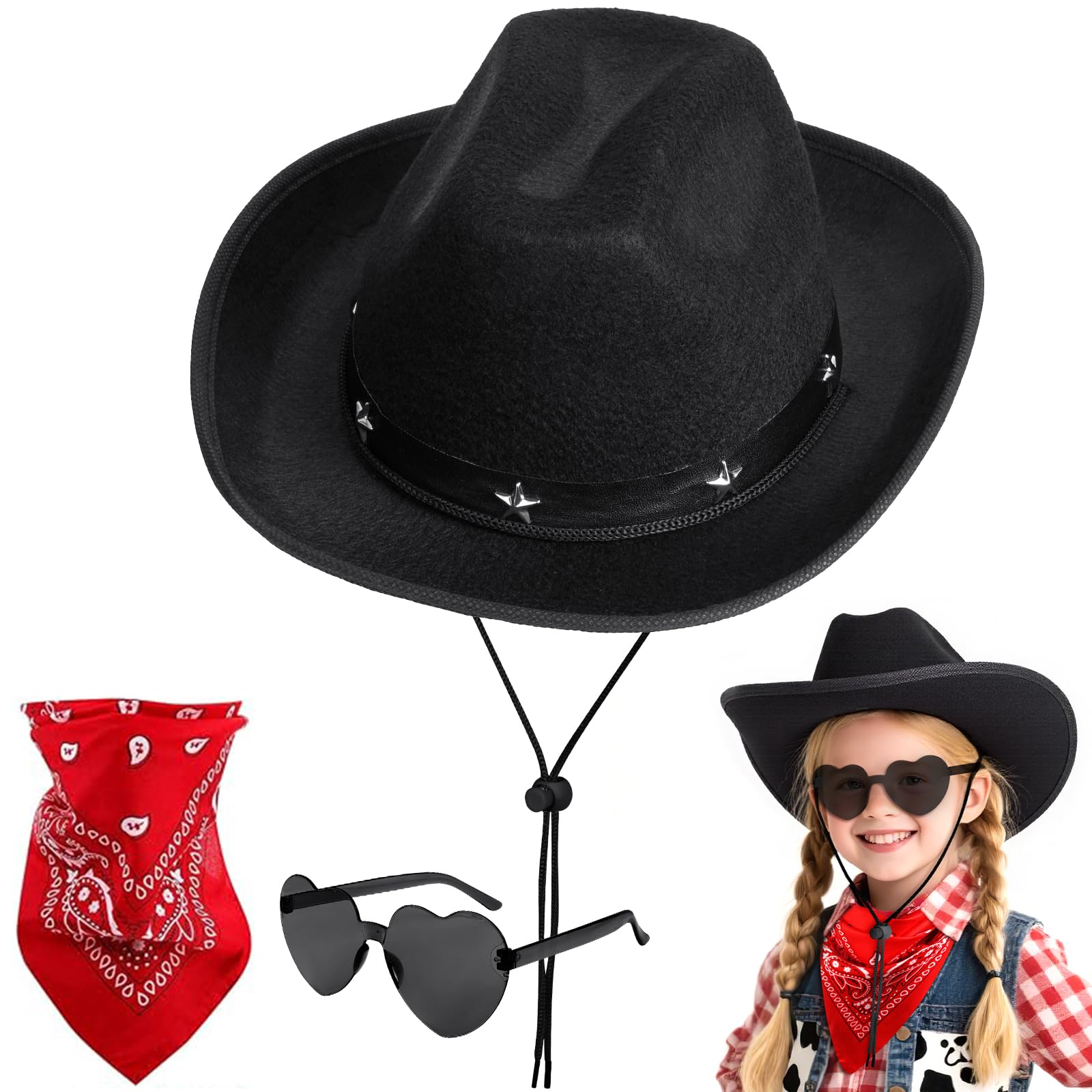 AUYAO Child Cowboy Hat Cowboy Western Hat Wide Brim Western Cowgirl Hat with Paisley Bandanna Heart Sunglasses Cowboy Ranger Sheriff Fancy Dress Costume Accessory for Halloween World Book Day(Black)