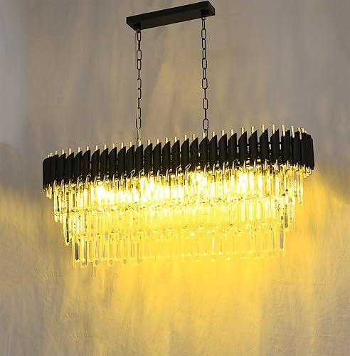 Miniatura 7 de Lámpara de araña de cristal contemporánea para comedor de 10 luces, L40 negra de lujo con gota de lluvia de cristal colgante para sala de estar y