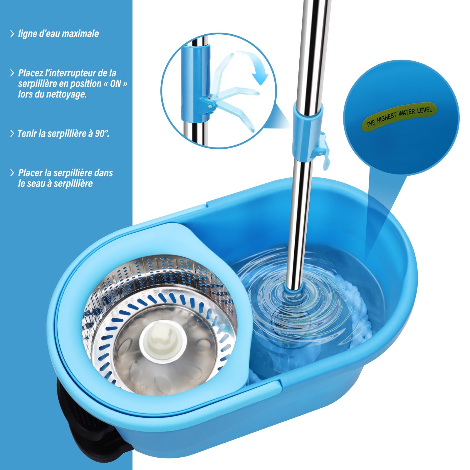 HEVOL Set de Serpillière avec Seau pour Le Nettoyage Sol, Seau Essoreur à Pédale et Balai à Franges en Microfibre, Serpillère Rotative 360° et 5 Tampons pour Le Nettoyage Sol, Carrelés, Bleu Pâle