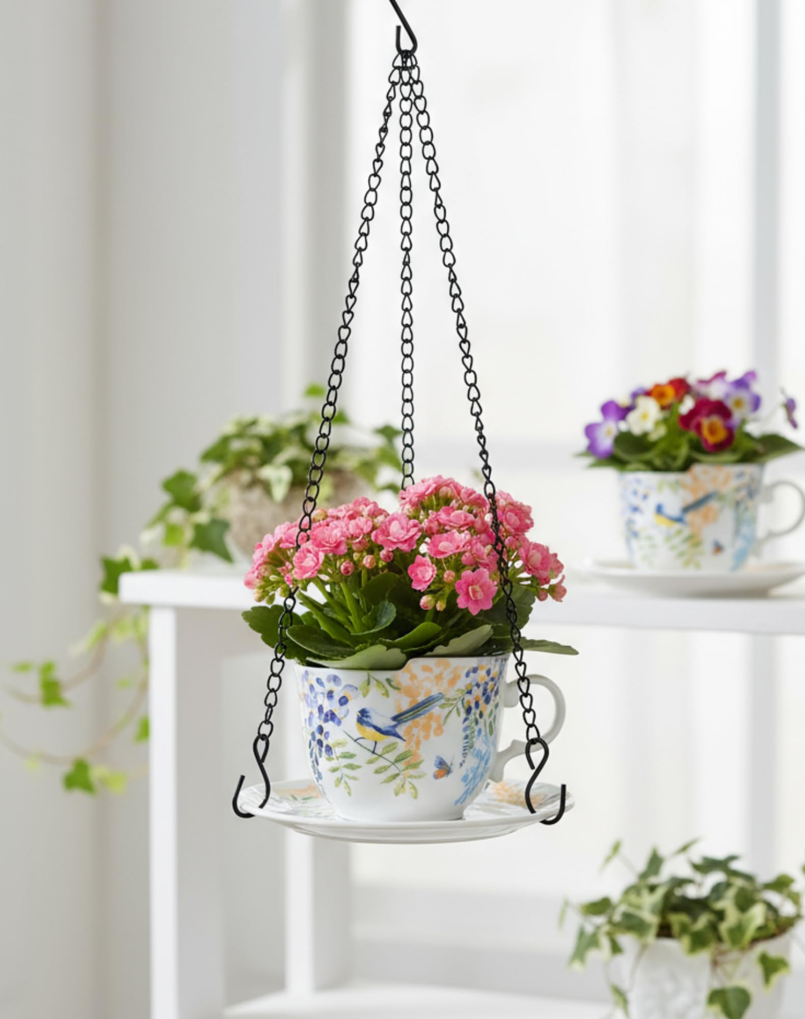 TEATALK Jardinières suspendues pour plantes d'intérieur, pot de fleurs à suspendre avec chaîne, 16 cm, pots de fleurs suspendus pour jardin, maison, pot de fleurs en céramique (fleurs oiseaux)