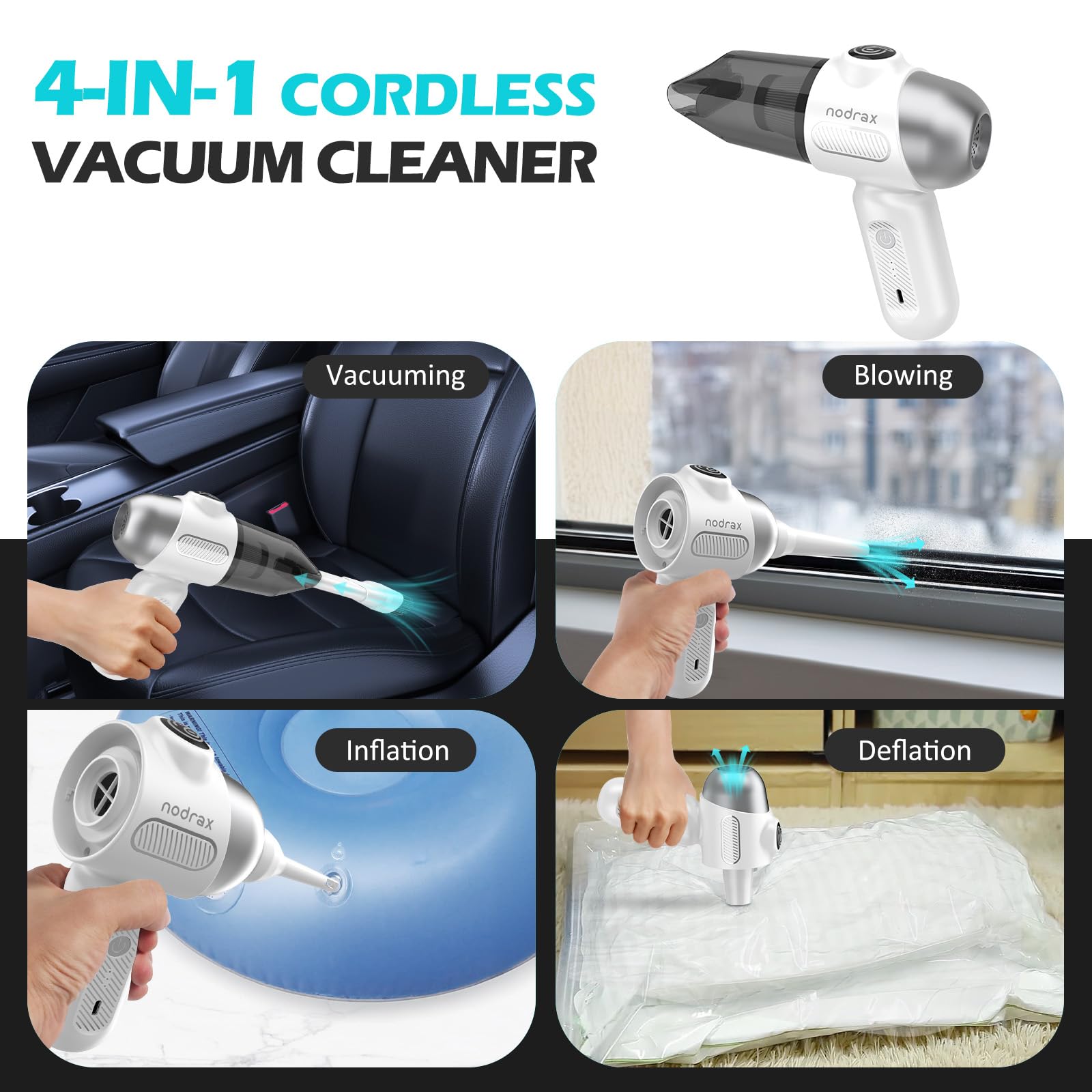 Nodrax Cyclone-Pro Cordless Handheld Vacuum Cleaner with Efficient Brushless Motor, 12000Pa High Power Suction and Extended Runtime, 4-in-1 Portable Hand Vacuum for Car, Home and Pet - White