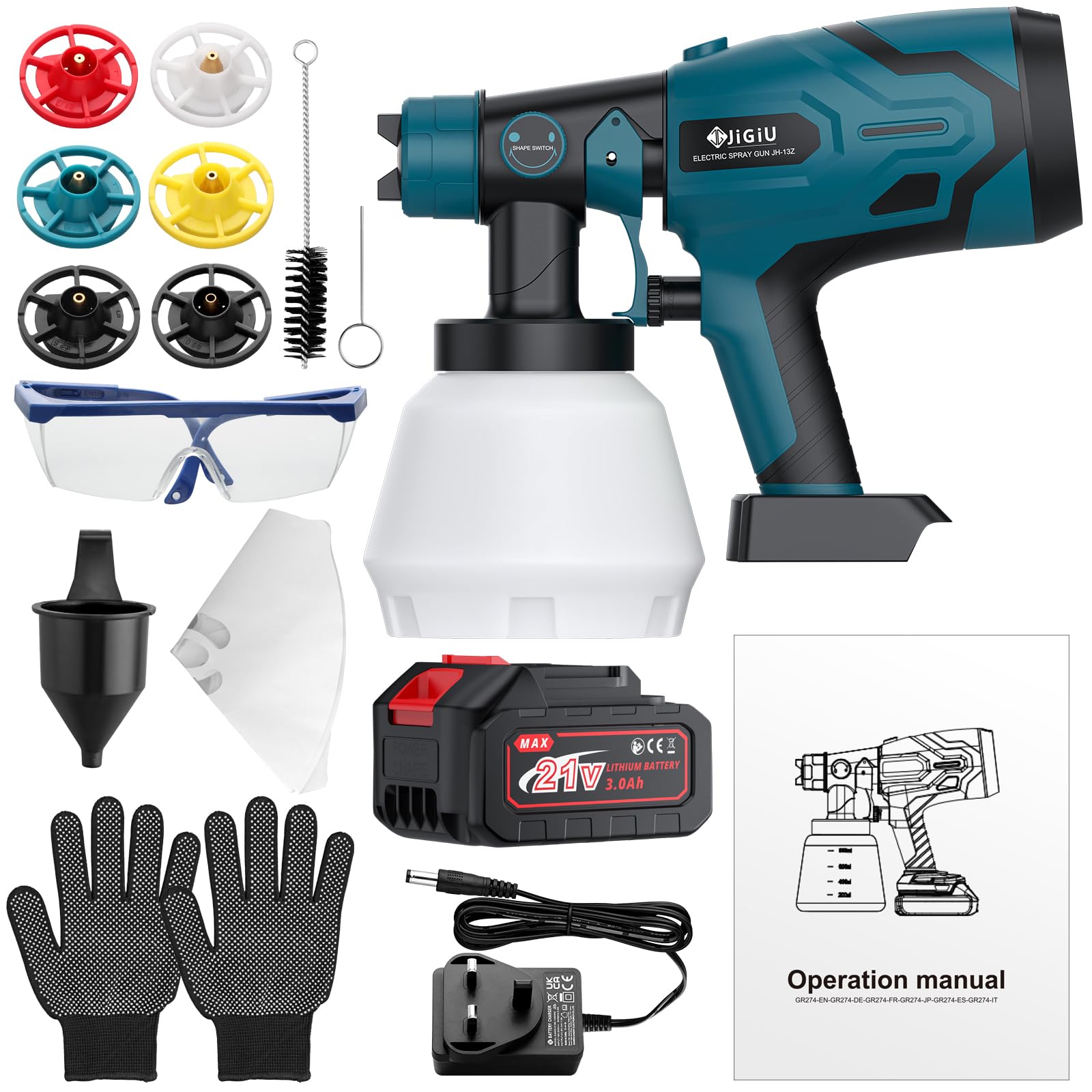 JiGiU Pistolet à Peinture sans Fil 21V Anti-bouchage - Bleu