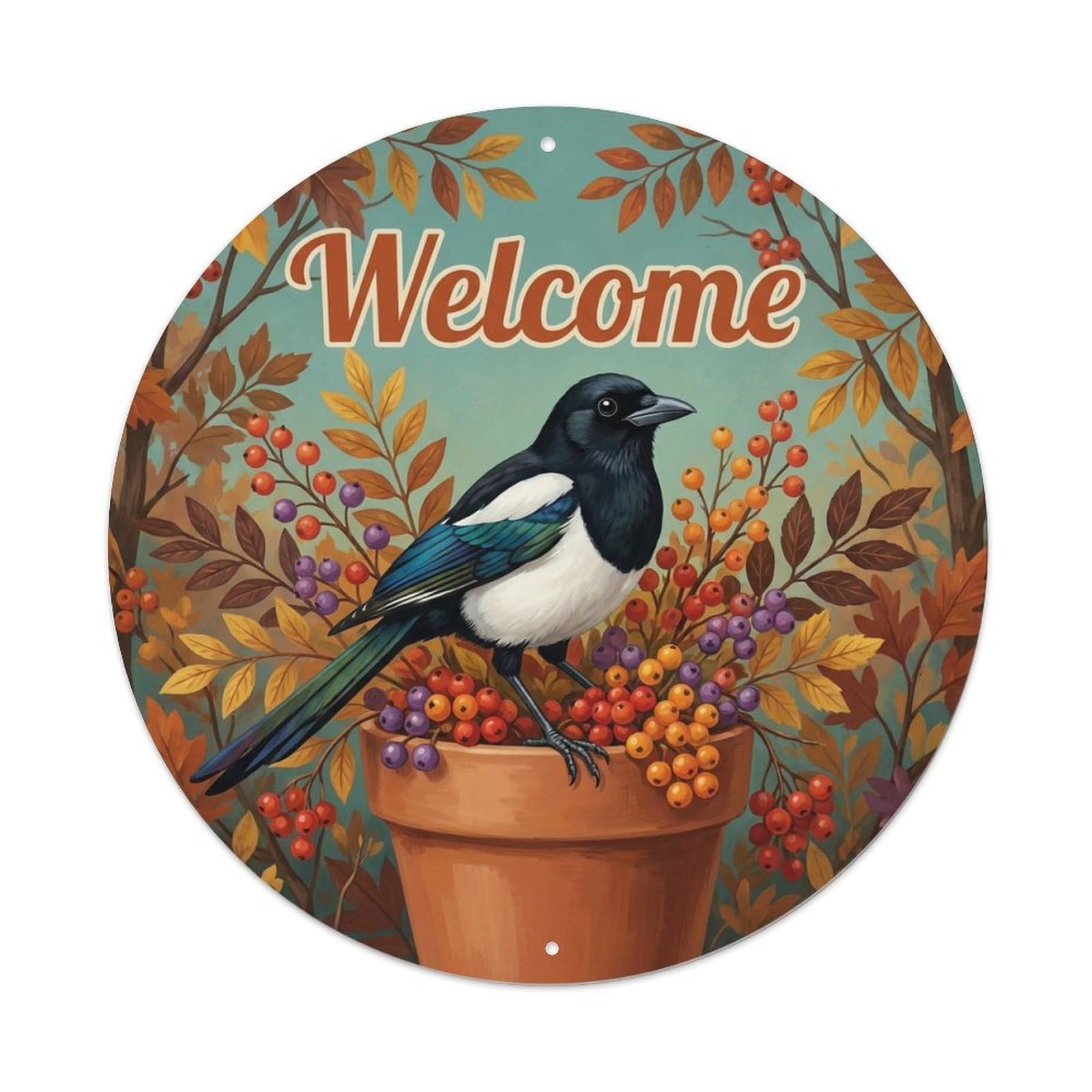 Okahys 8X8inch(20X20cm) Welcome Magpie Autumn Branch Metal Tin Sign