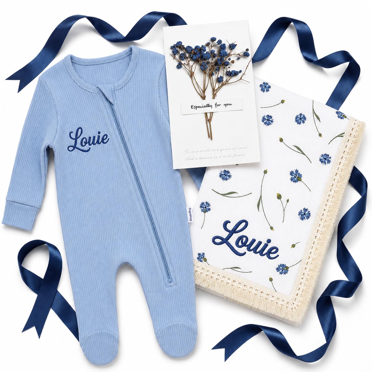 Personalised Baby Blanket & Romper Gift Set, Embroidered Name (O8, 12-18m)