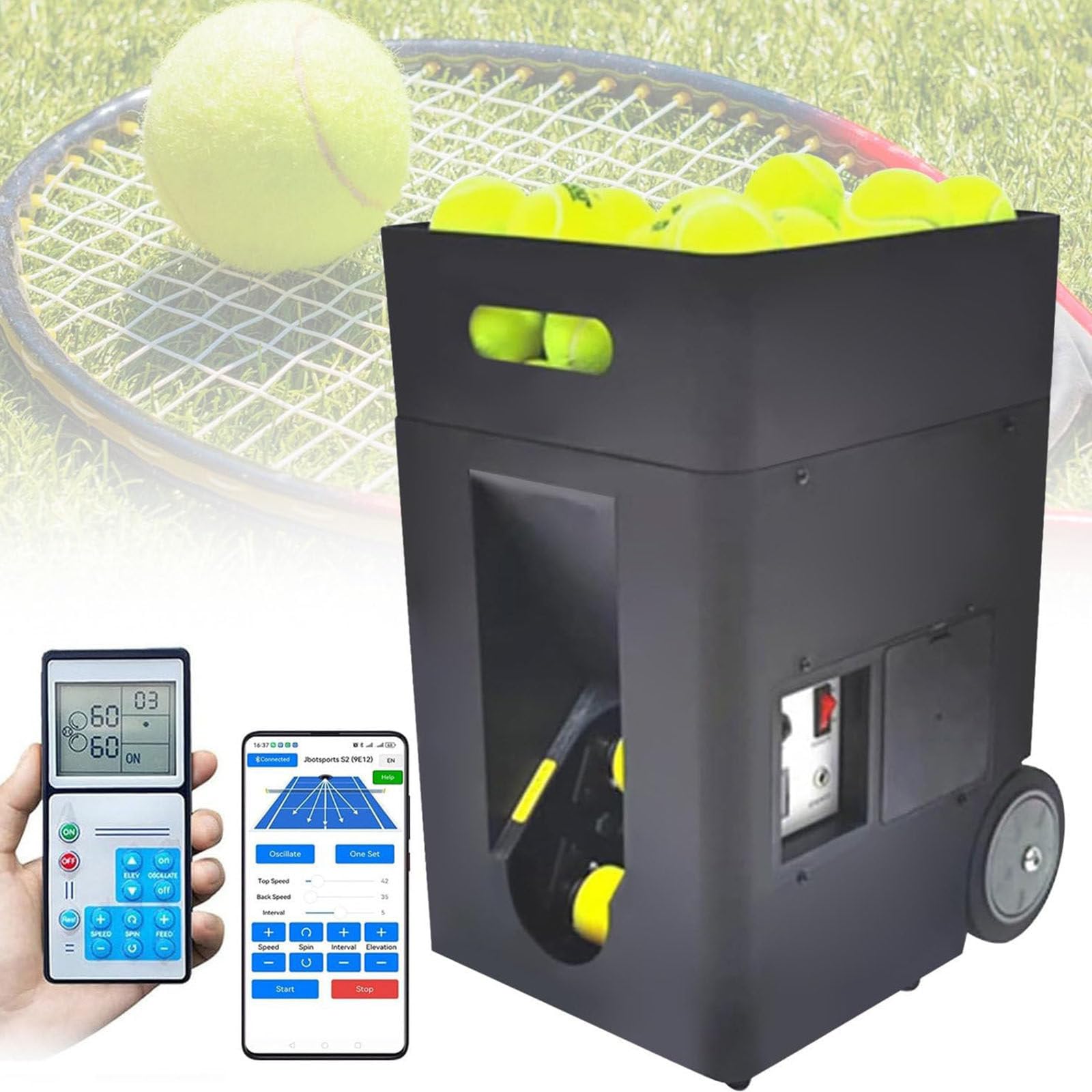 Máquina pelotas tenis - lanzador automático pelotas tenis entrenamiento y práctica, ejercicios preprogramados y personalizados, control remoto y aplicación, alimentado por batería