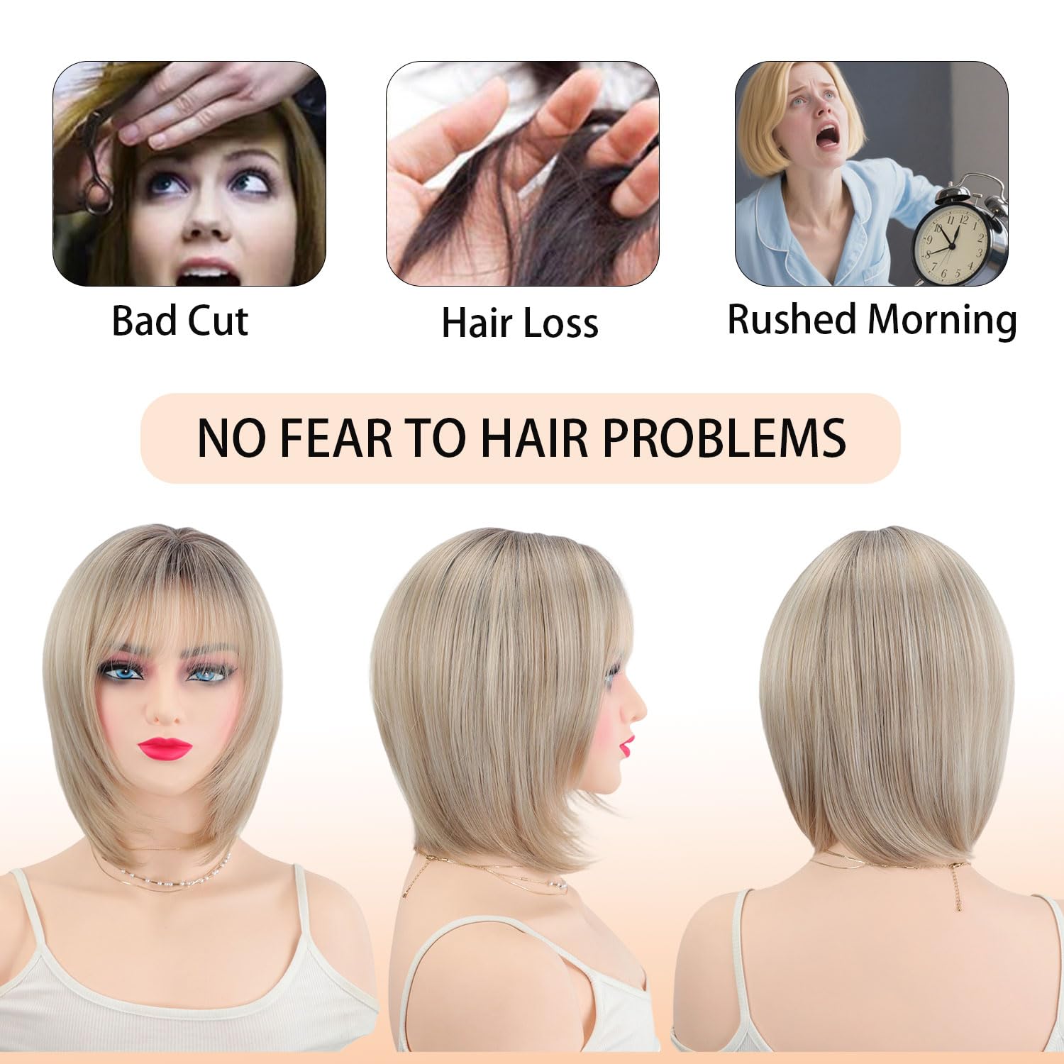 Perruque Femme Naturelle Perruque Bob Dégradée Court avec Frange Volume et Style pour Quinquagénaires Grand-mère Couvre Cheveux Blancs Perruques Synthétique Naturels Blond Clair Ombré