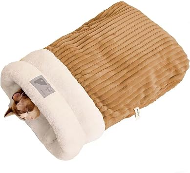 Cat Sleeping Bag, Soft Comfortable Winter Cave Bed Nest for Cats and Dogs up to 12 Pounds, Made of Cotton, Size L Brown