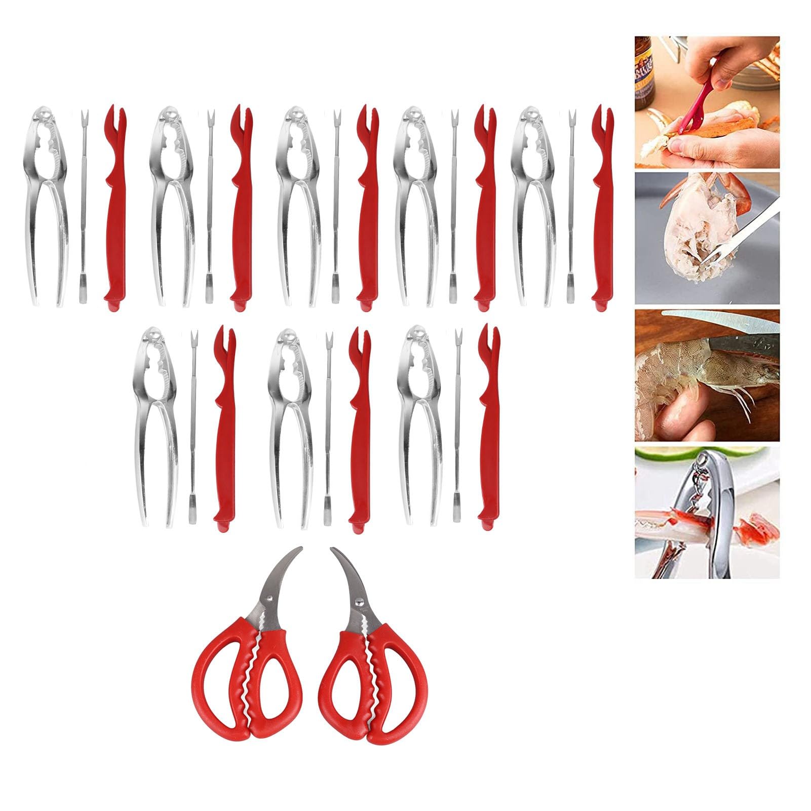 Jeu de 27 Outils pour Fruits de Mer, Casse-Noix en Métal Comprenant 8 Craquelins de Crabe 8 Décortiqueurs de Homard 8 Fourchettes à Pattes de Crabe 2 Ciseaux à Fruits de Mer Sac en Flanelle