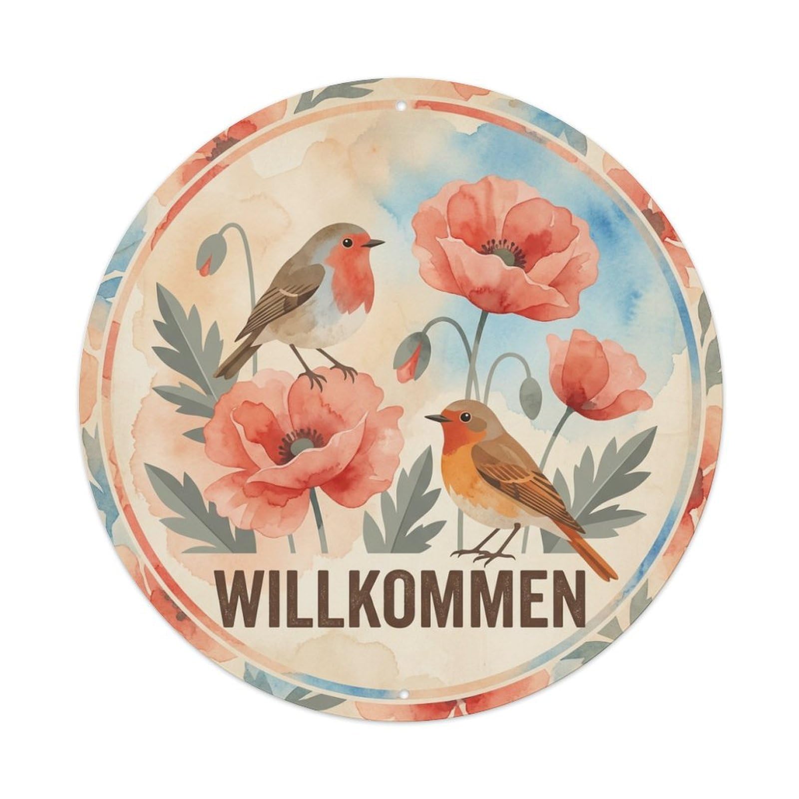 Poppy Bouquet Willkommen Watercolor Bird Slogan Metal Tin Sign