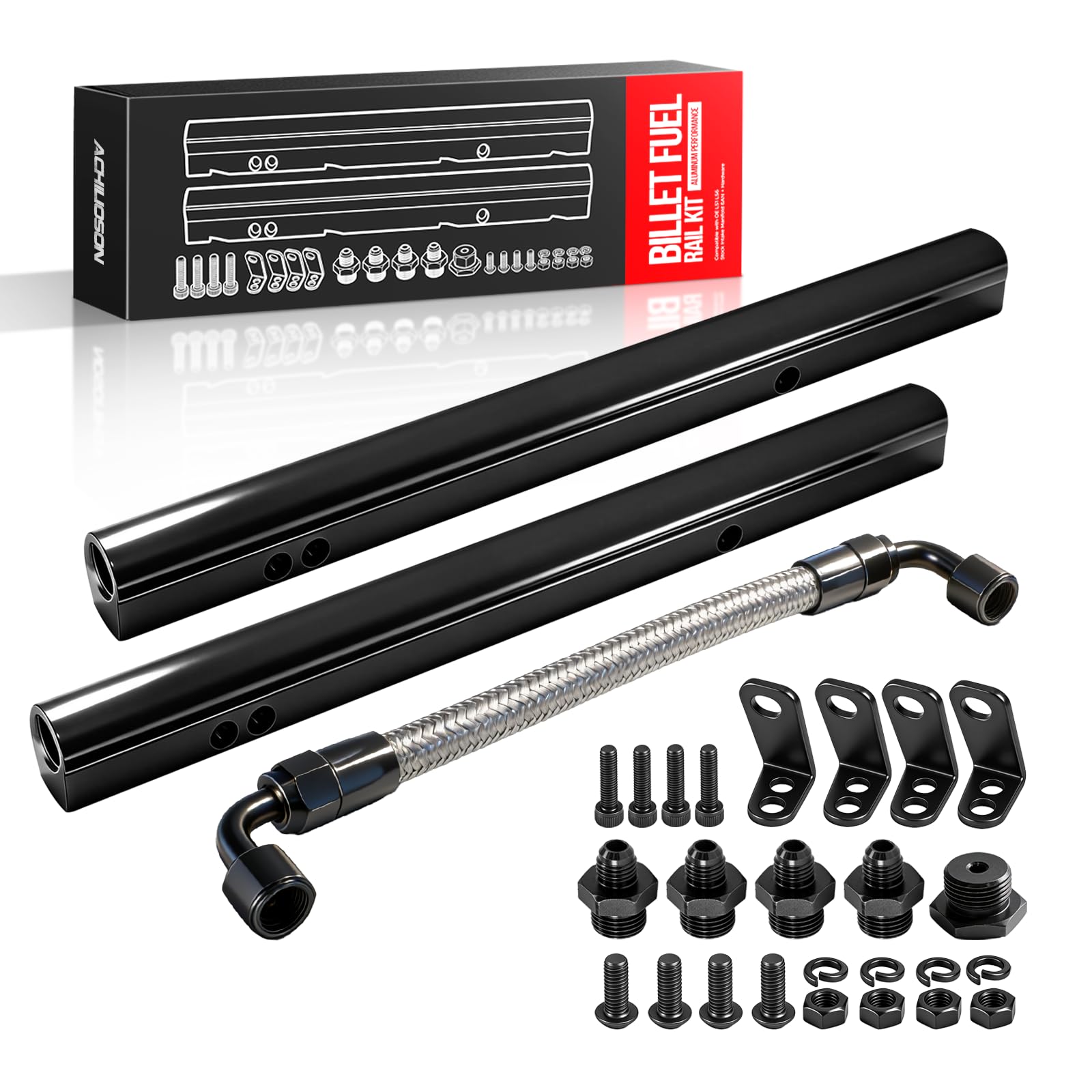 Photo 1 of Achilioson Billet Fuel Rail Kit Compatible with LS1 LS6 Stock Intake Manifolds, 1/2" Bore EFI High Flow Aluminum Fuel Rails with 6AN Fittings, Braided Crossover Hose and Hardware, Black