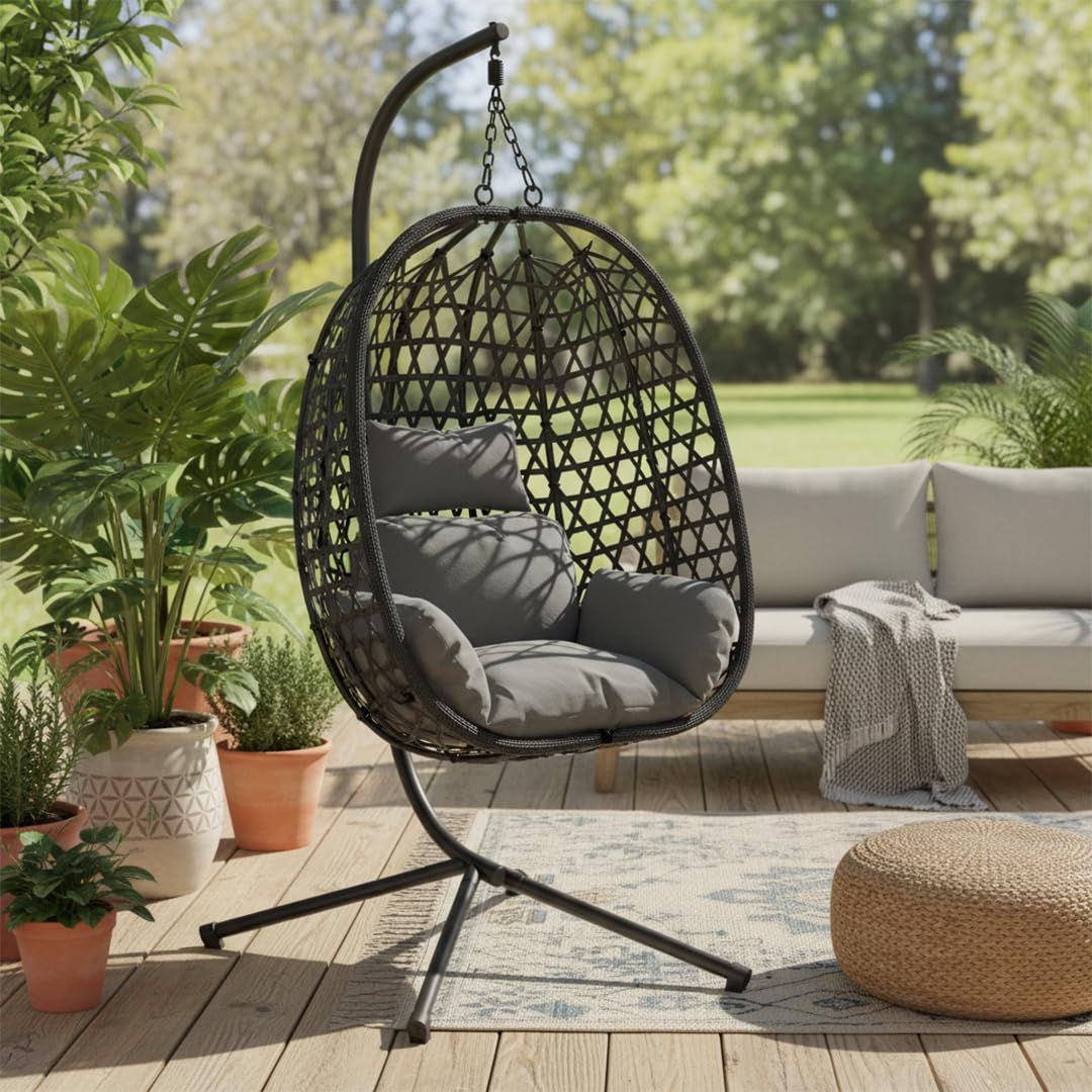 STEELSØN Sarin Hängesessel mit Gestell – Hängestuhl Rattan Outdoor & Indoor mit Kissen – Hängekorb Schwarz – Gartenschaukel für Erwachsene & Kinder – Korbhängesessel faltbar – Hanging chair bis 150 kg