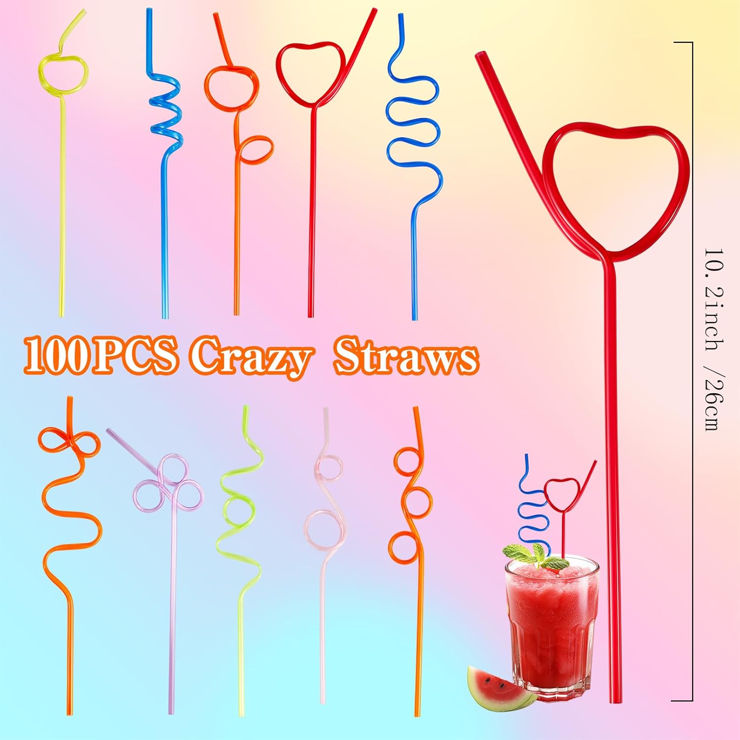 100pcs Crazy Straws, 10 Different Designs colorful Silly Straws for Kids, Reusable Plastic Drinking Straws, Fun Varied Twists for Birthday Party