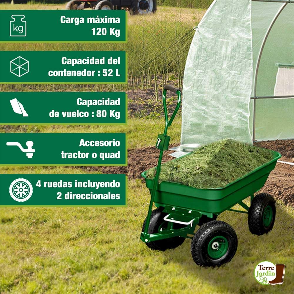 TERRE JARDIN Carretilla de Jardín 4 Ruedas Hinchables 120 Kg, Cubeta Basculante 52 L, Carro para Leña, Transporte de Leña, Remolque Enganche Integrado - Capacidad Basculada 80 Kg