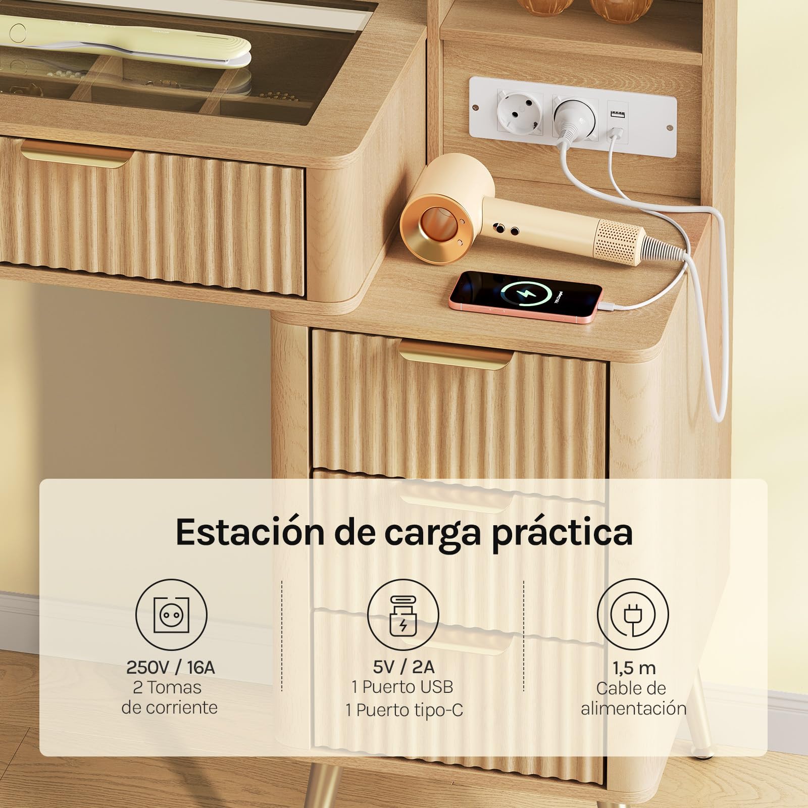 WOLTU Tocador Maquillaje con Luz LED, Encimera de Vidrio Templado, Regleta