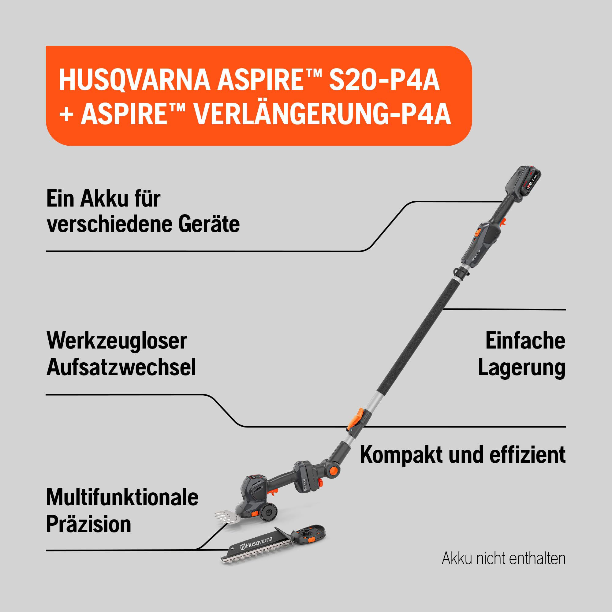 Husqvarna Aspire Akku Gras- und Strauchschere S20-P4A mit Verlängerung, Strauch- und Grasscherenmesser, 18V (inkl. Verlängerung - ohne Akku & Ladegerät)