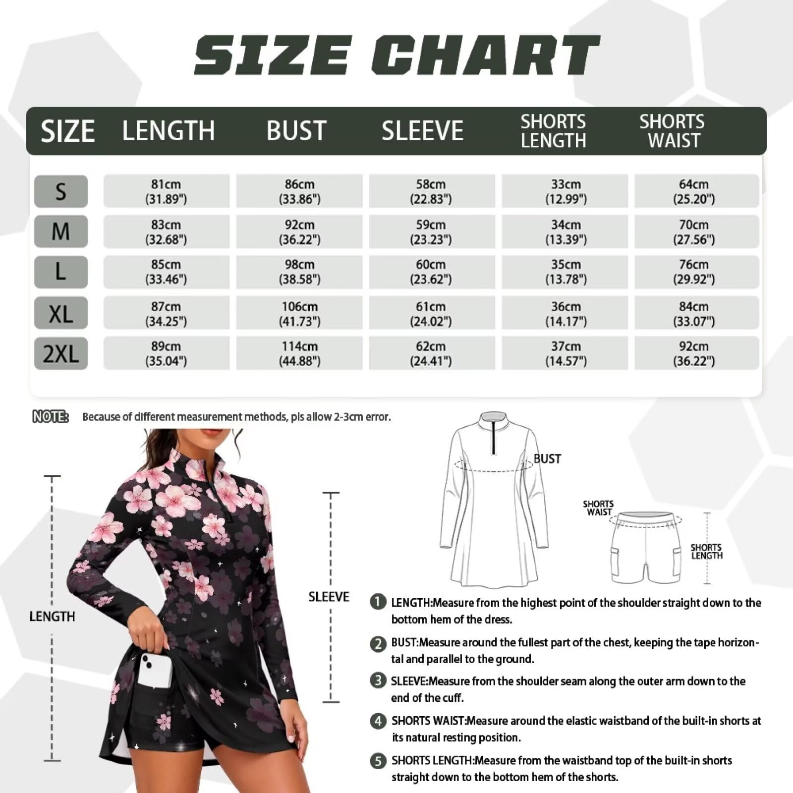Xoenoiee Sukienka golfowa dla kobiet z długim rękawem, zamek 1/4, tenisowa sukienka sportowa z wbudowanymi szortami i kieszeniami, S-2XL