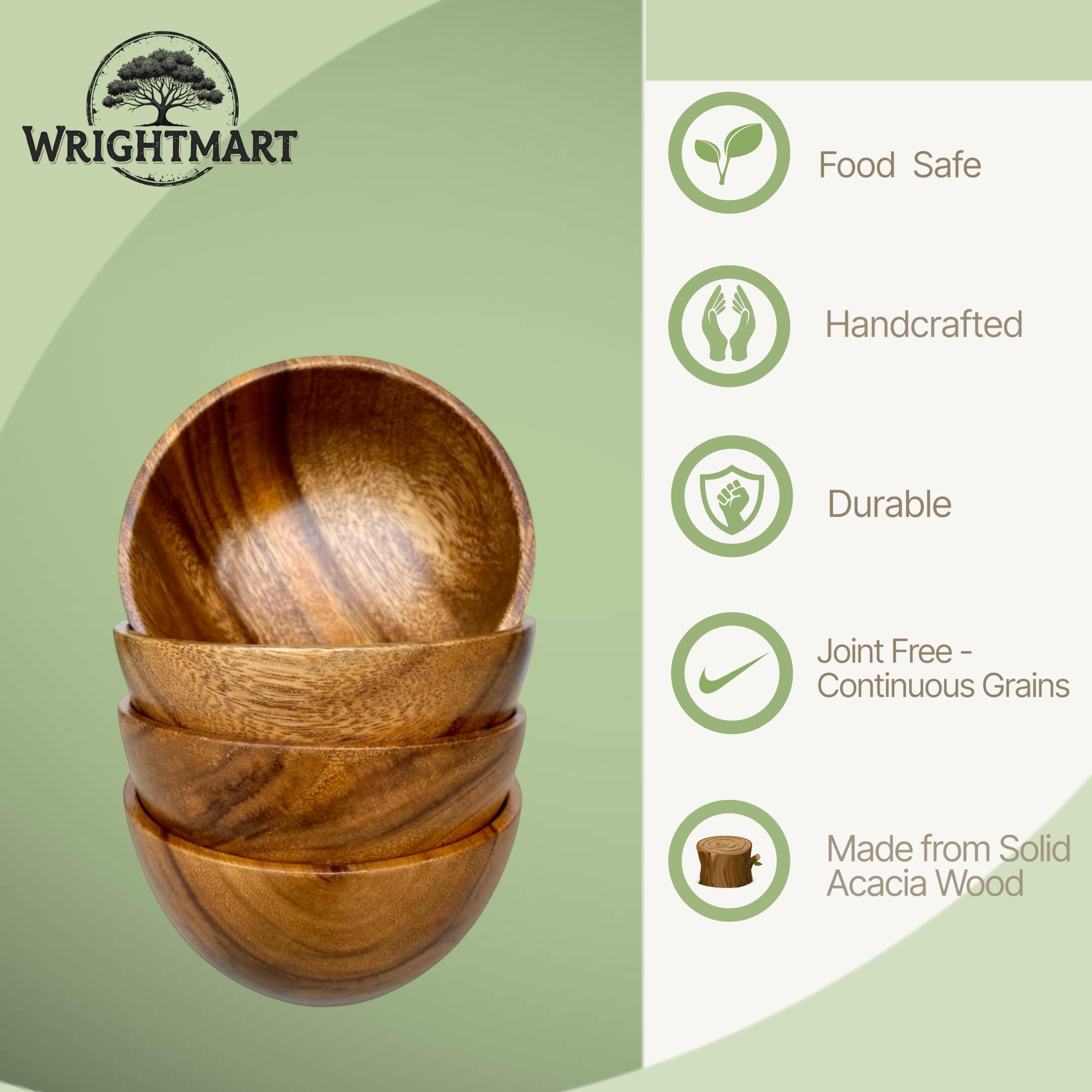 Juego de 4 cuencos de madera de acacia, pequeños de 5 pulgadas de diámetro x 2.5 pulgadas de alto, hechos a mano para servir salsas, ensaladas pequeñas, diseño natural rústico, cuencos