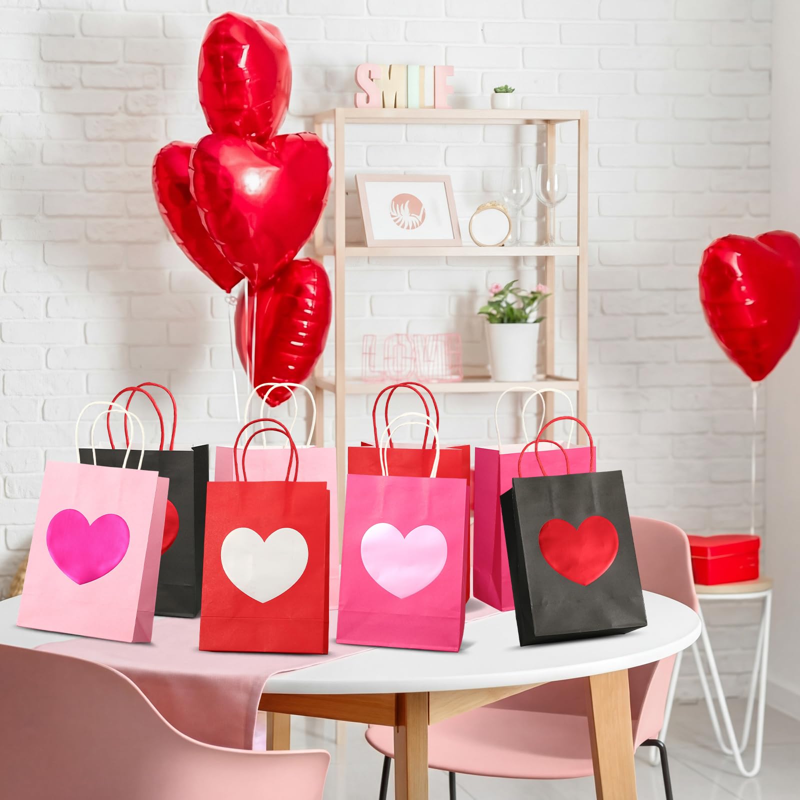 Jaloro 48 Pack Galentines Party Gift Bags with Tissue Paper 8 x 6 x 3.15 Inches Metallic Heart Candy Goodie Favor Kraft Paper Bags with Handles Gift Wrap Bag for Birthday Wedding Anniversary Dating