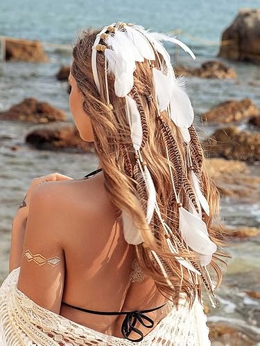 Miniatura 3 de GORTIN Diadema de plumas bohemias, diadema india hippie, tocado gitano blanco, trajes bohemios, accesorios para el cabello para mujer