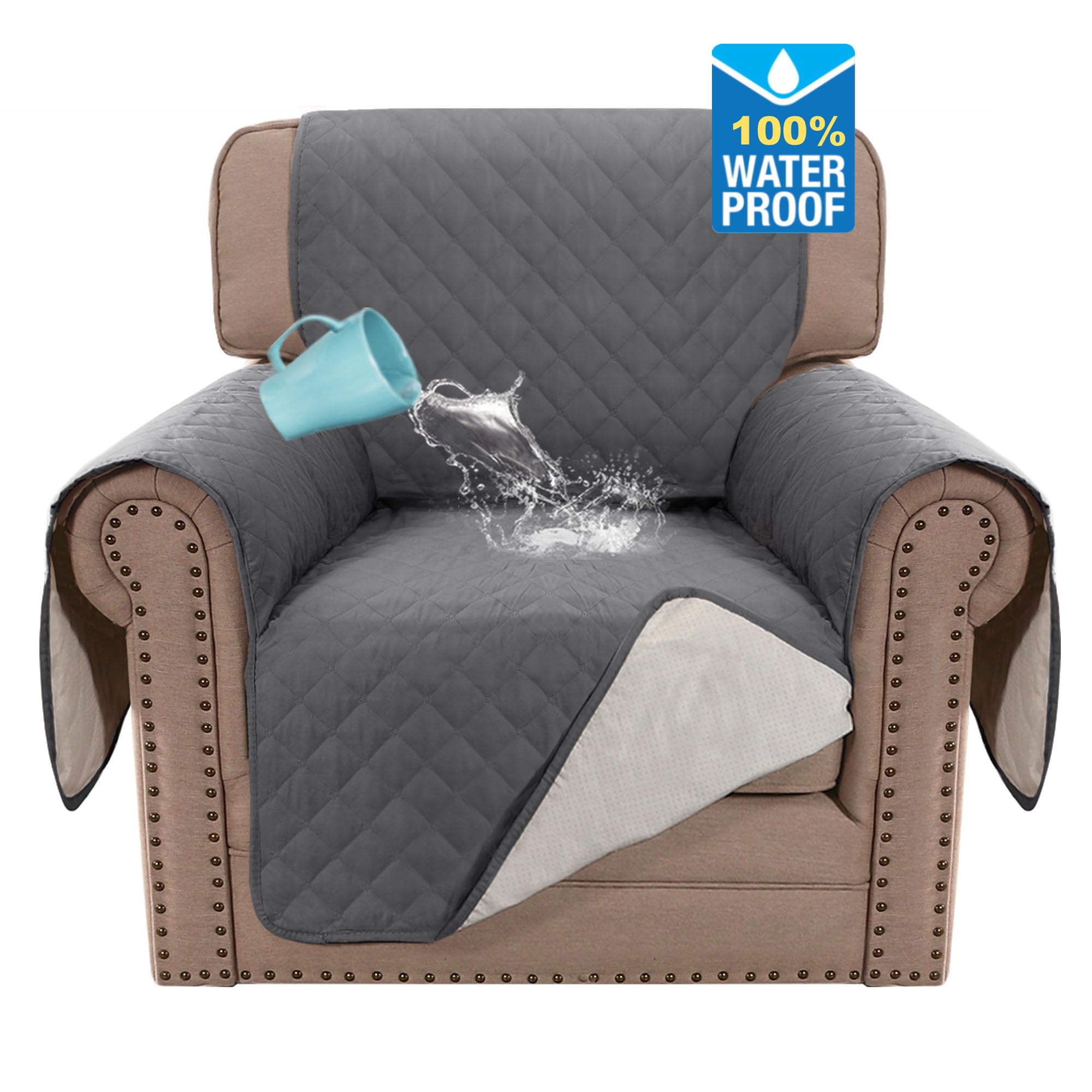 Bellahills Grey Sofa Cover 100% Waterproof Sofa Covers 1 Seater Armchair Covers Triple Non-Slip Sofa Slipcovers For 1 Cushion Chair Washable Sofa Protector For Kids/Pets (Chair 23",Gray)