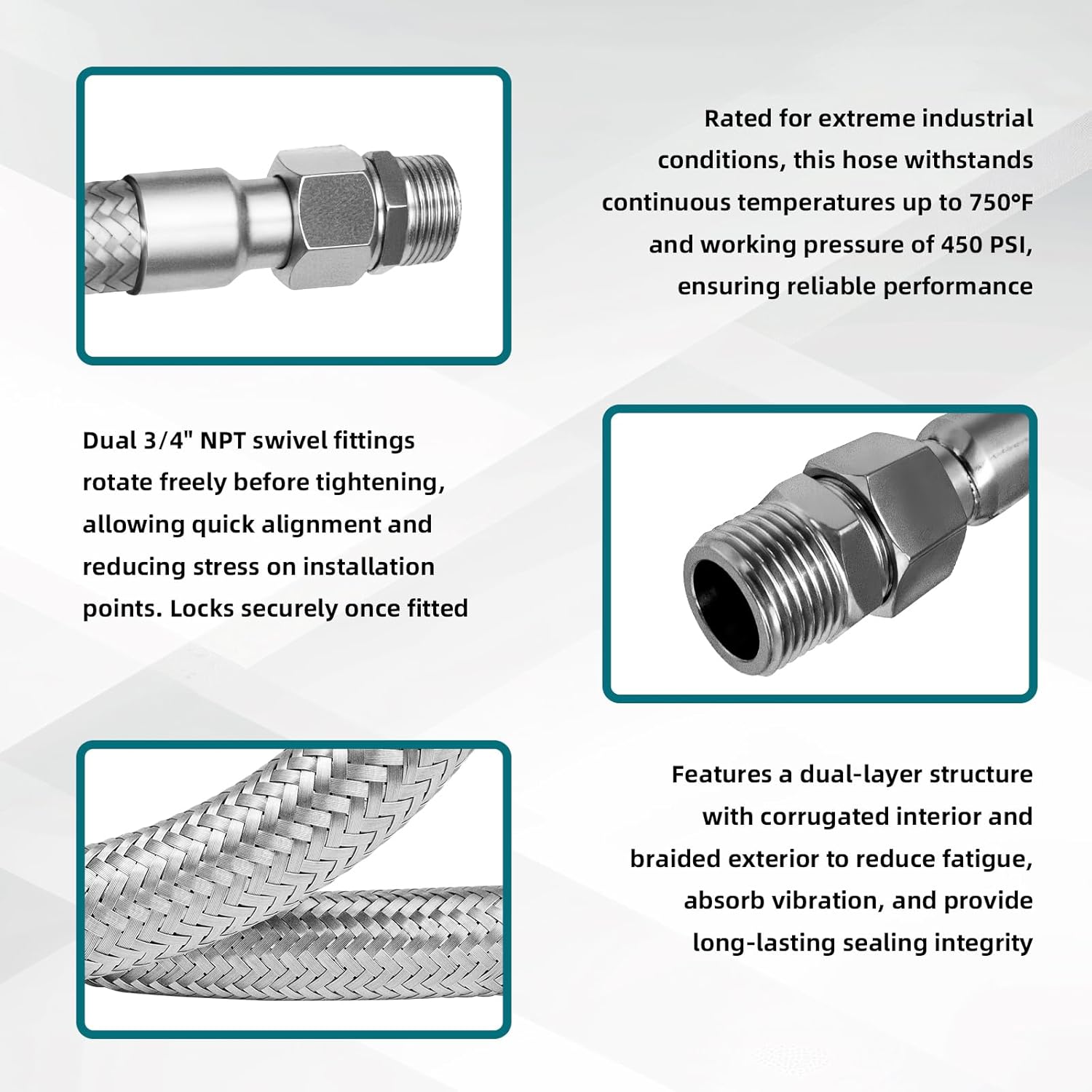 3/4" NPT Compressor Jumper Hose 40", 304 Stainless Steel Braided Flex Hose, 750°F Heat & 450 PSI Pressure Rated, 360° Rotating Fittings, Heavy-Duty Industrial Air Line Connector