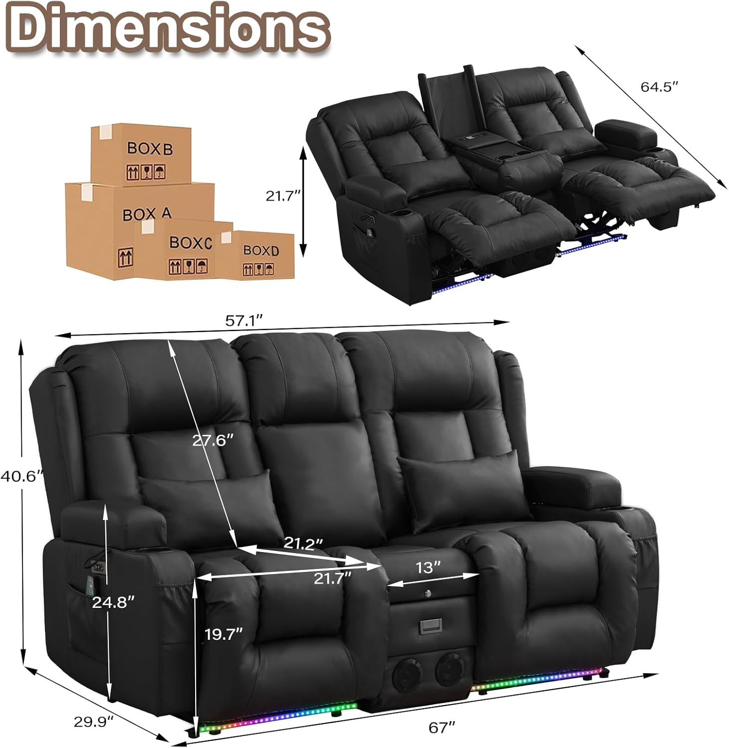 TUNYI Power Loveseat Recliner Sofa with Massage & Heat Home Theater Seating with Console RV Recliner Loveseat Sofa with USB/Storage/Side Pocket/LED Light/Speaker (Black, Loveseat)