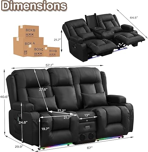 Miniatura 2 de TUNYI Sofá reclinable eléctrico con masaje y calor, asiento de cine en casa con consola, sofá biplaza reclinable RV con