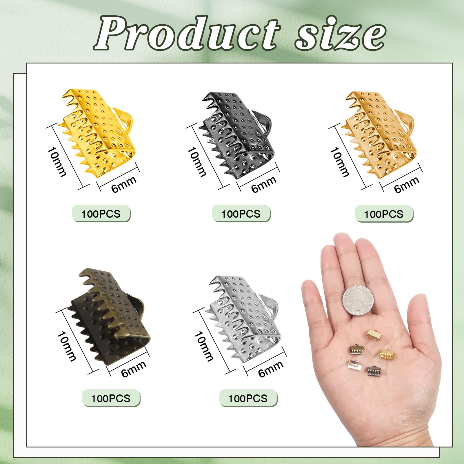 TOAOB 500pcs Iron Ribbon Ends 10mm Bracelet Bookmark Pinch Crimp Clamp 5 Colors Cord End Fastener Clasps for Leather Jewelry Making
