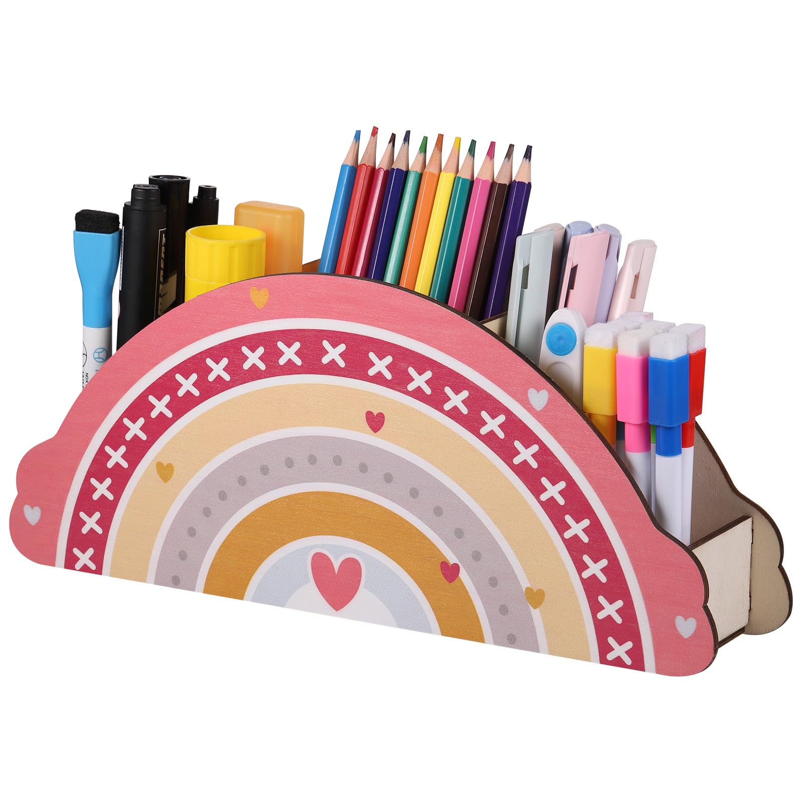 JIANTA Portalápices arco iris portalápices de madera, organizador de escritorio infantil organizador de oficina para niños caja de lápices y organización del aula