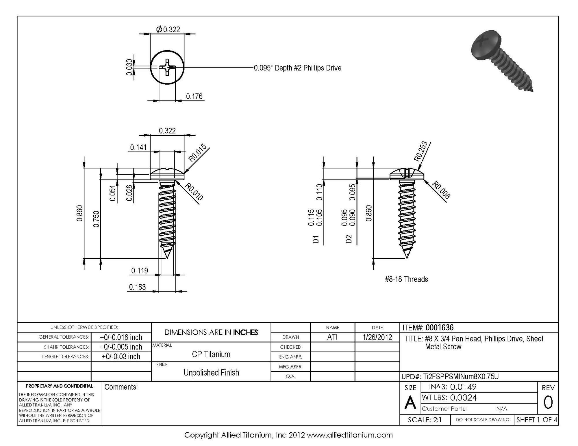 Allied Titanium 0001636, (Pack of 25) #8 X 3/4 Pan Head, Phillips Drive, Titanium Sheet Metal Screw, Grade 2 (CP)