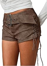 Floerns Women's Faux Leather Lace Up Side Low Rise Waist Mini Shorts Buckled Belt Western Y2k Suede Shorts
