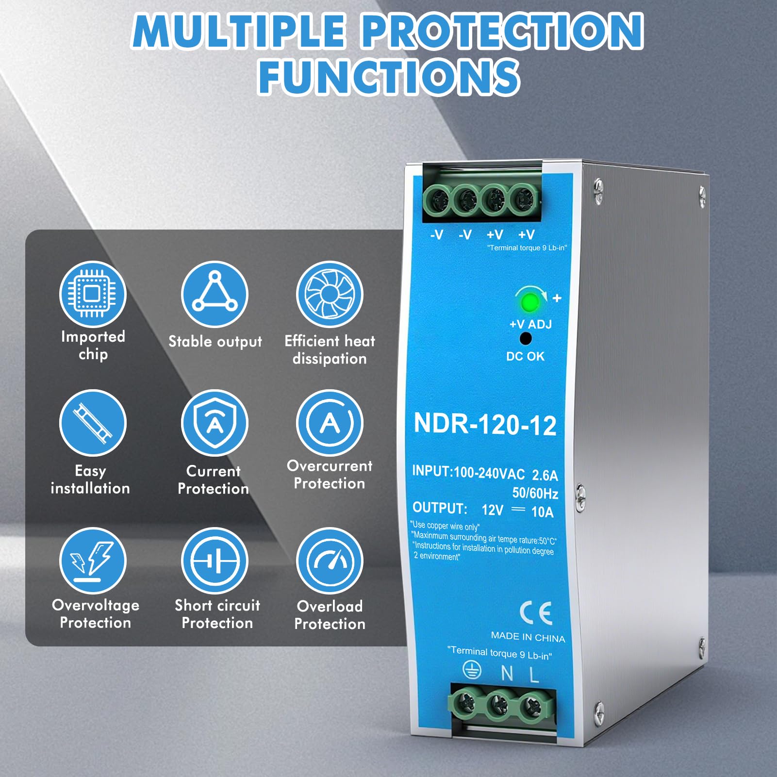 Alimentation sur rail din 12V 10A 120W bloc d'alimentation pour rail din transformateur Entrée AC100-240V 2.6A sortie DC 12V 10A alimentation à découpage industrielle NDR-120-12