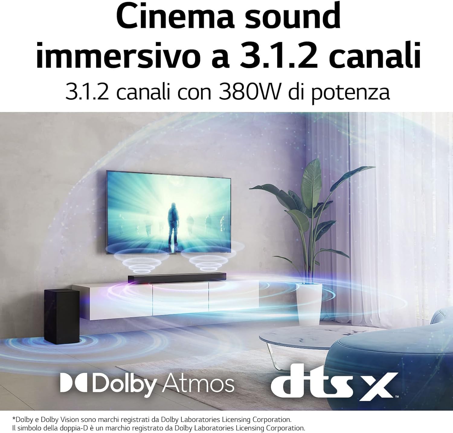 LG S75Q Soundbar TV 380W, 3.1.2 Canali con Subwoofer Wireless, 2 canali up-firing, Audio Meridian, Dolby Atmos, DTS:X, AI Sound Pro, Audio ad Alta Risoluzione, Bluetooth, Ingresso Ottico, HDMI in/out