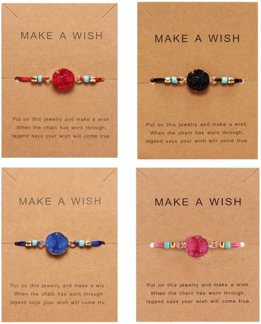 COLORFUL BLING 4Pcs/Pack Handmade Druzy Wrap Friendship Braided Bracelet Adjustable Wrist Cord Beaded Bracelet for Women Wish Card Jewelry