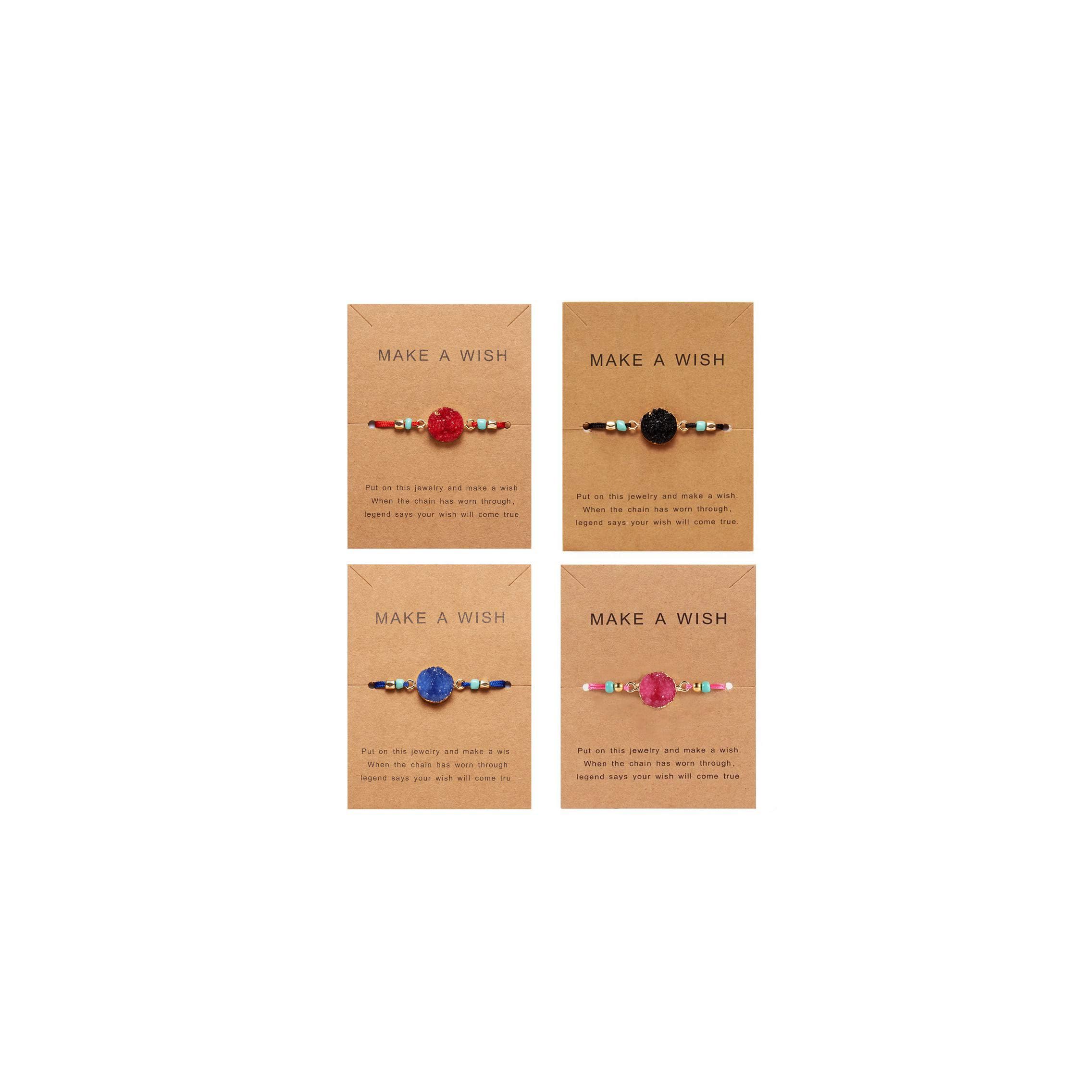 COLORFUL BLING 4Pcs/Pack Handmade Druzy Wrap Friendship Braided Bracelet Adjustable Wrist Cord Beaded Bracelet for Women Wish Card Jewelry