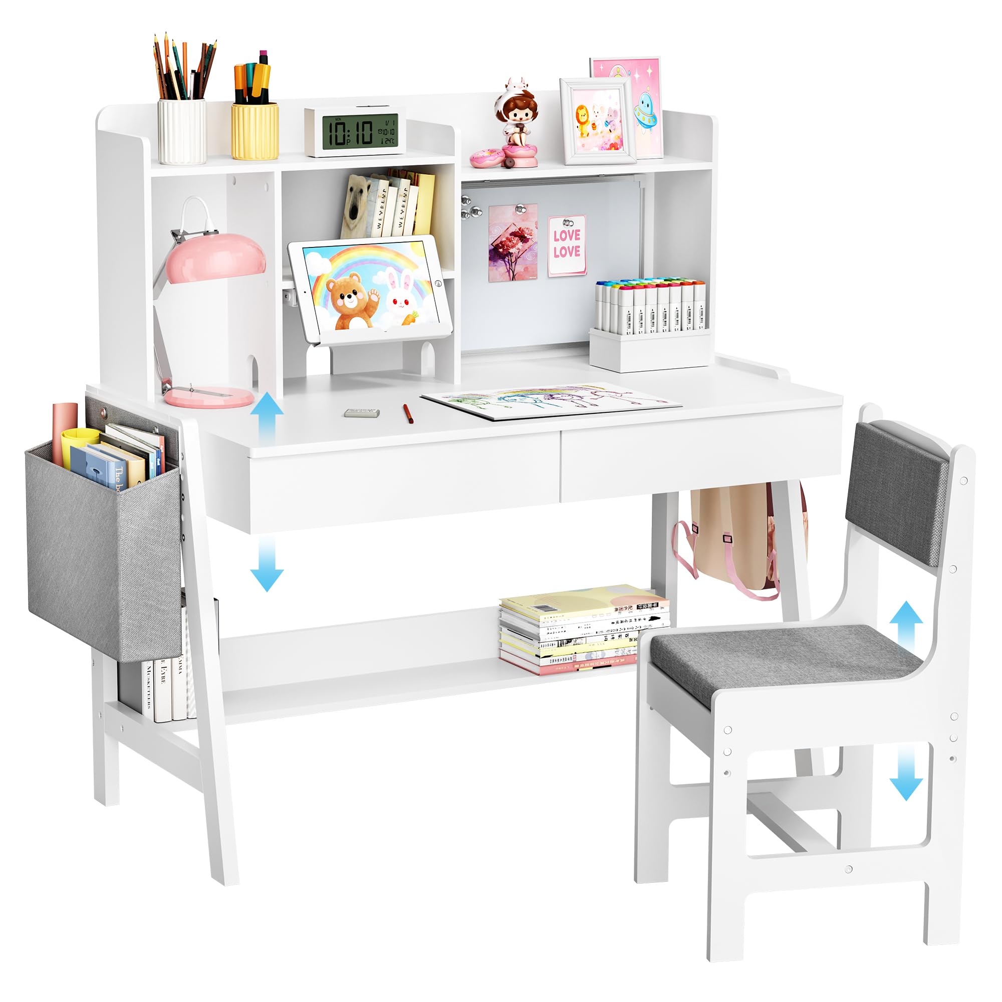 Pamapic Kinderschreibtisch und Stuhl Set, Höhenverstellbarer Kinderschreibtisch, Kinder Schreibtisch mit Regal & Schubladen, Schülerschreibtisch mit Haken, Magnete, Tafel & Stofftasche, Weiß