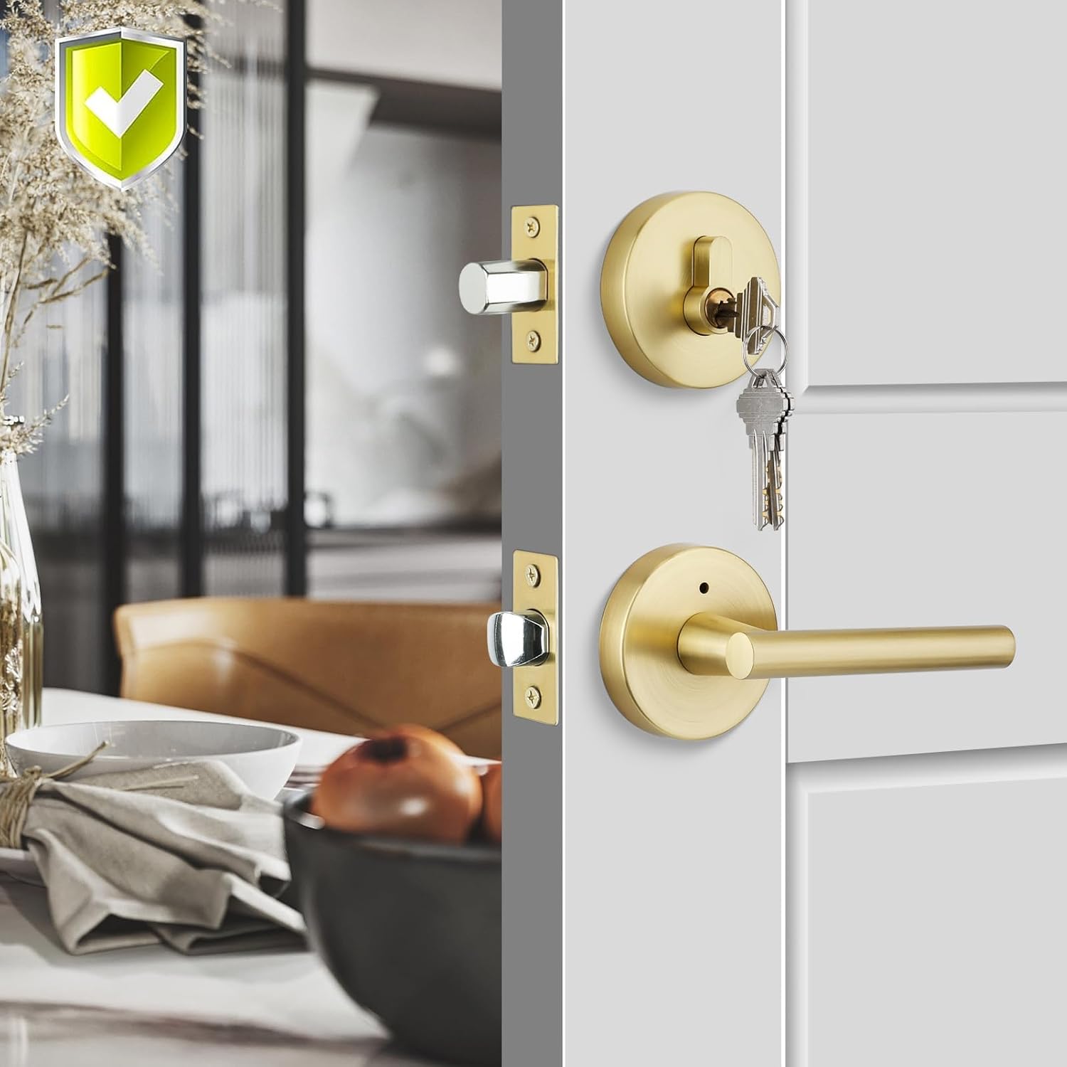 Haidms Gold Exterior Door Lock Set with Deadbolt, Brushed Gold Front Door Handle, Keyed Alike Entry Locksets, Heavy Duty Zinc-alloyed Front Door Lock (1 Pack)