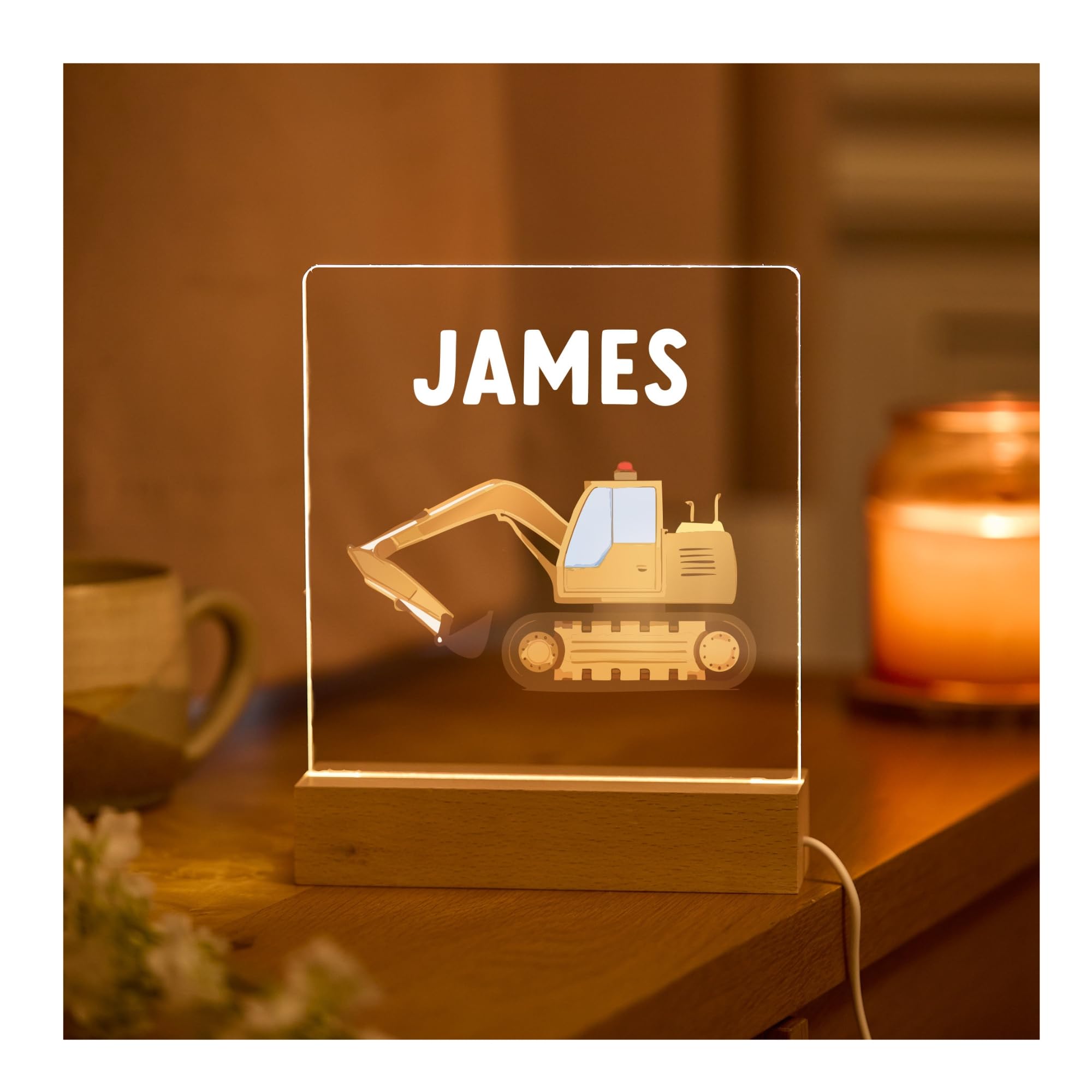 Pomchick Personalised Digger Night Light Name LED Lamp Construction Theme Nursery Decor Kids Bedroom 1st Birthday Gift for Nephew Niece Son Grandson
