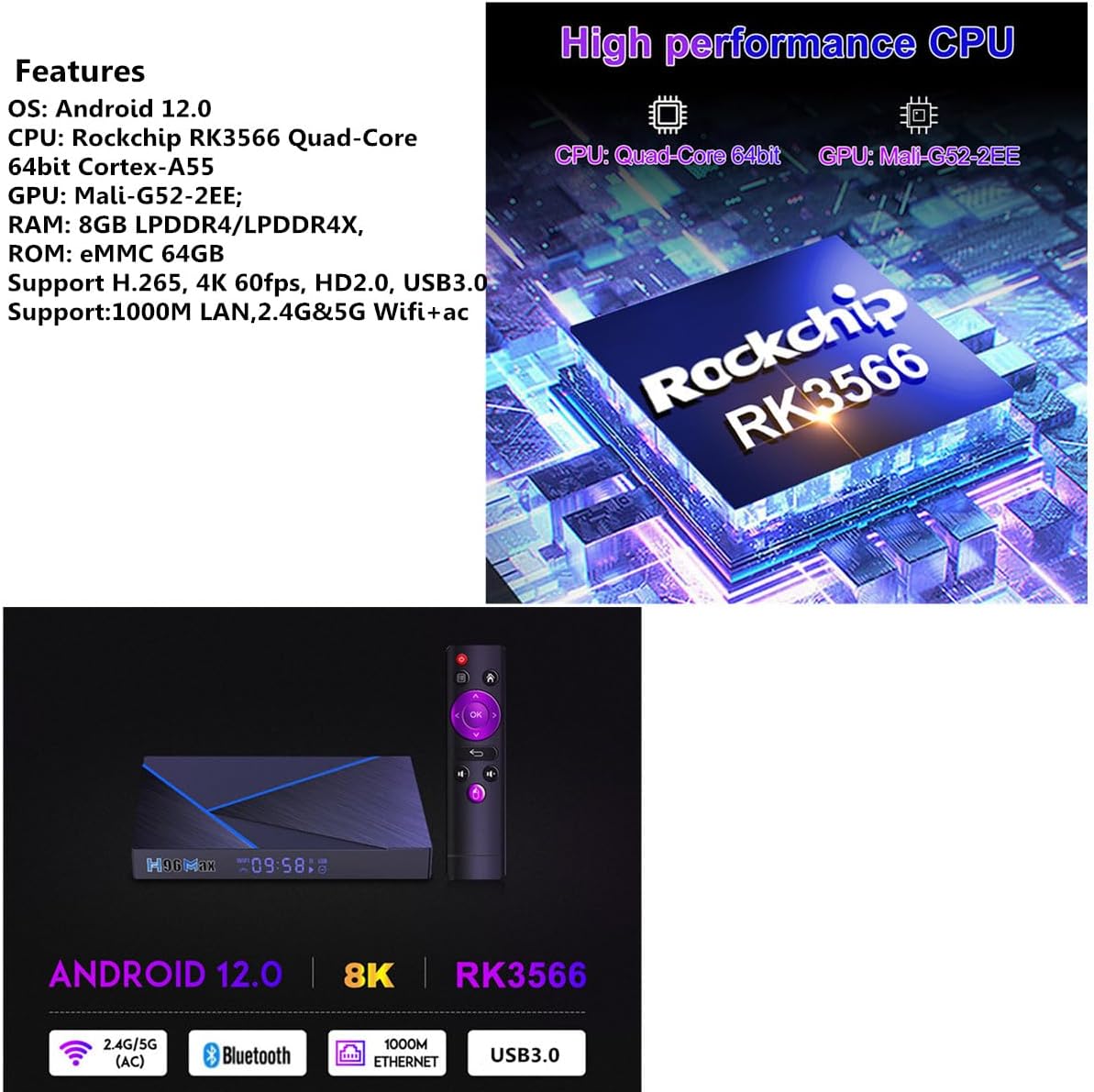 H96 MAX V56 TV Box Android 12.0 RK3566 8GB RAM 64GB ROM 2.4G/5G Dual WiFi 1000M LAN BT4.0 USB3.0 H.265 4K HDR Box