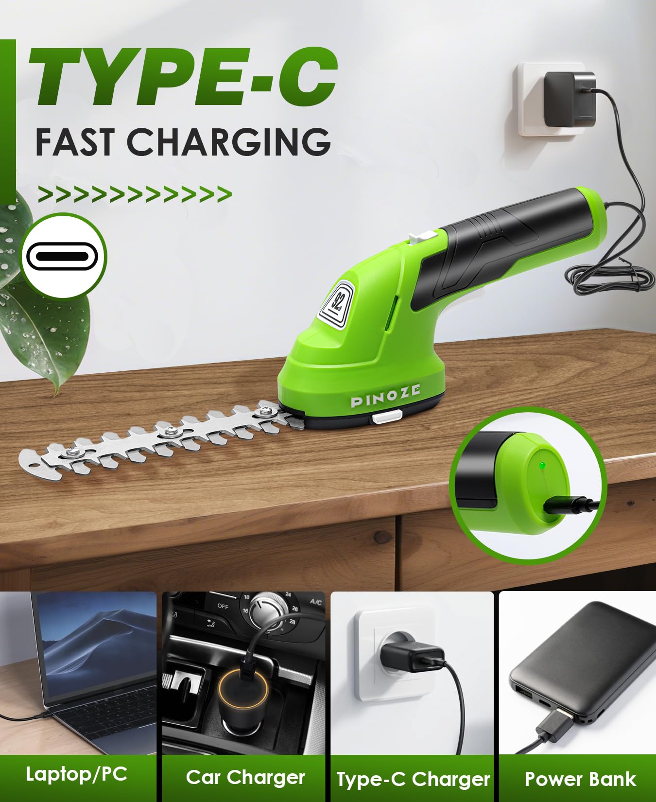 PINOZE Cisaille à gazon et taille-haie sans fil – 2 en 1 portable 7,2 V, petit taille-buisson électrique, 2,0 Ah alimenté par batterie rechargeable pour jardin, cour, entretien de pelouse