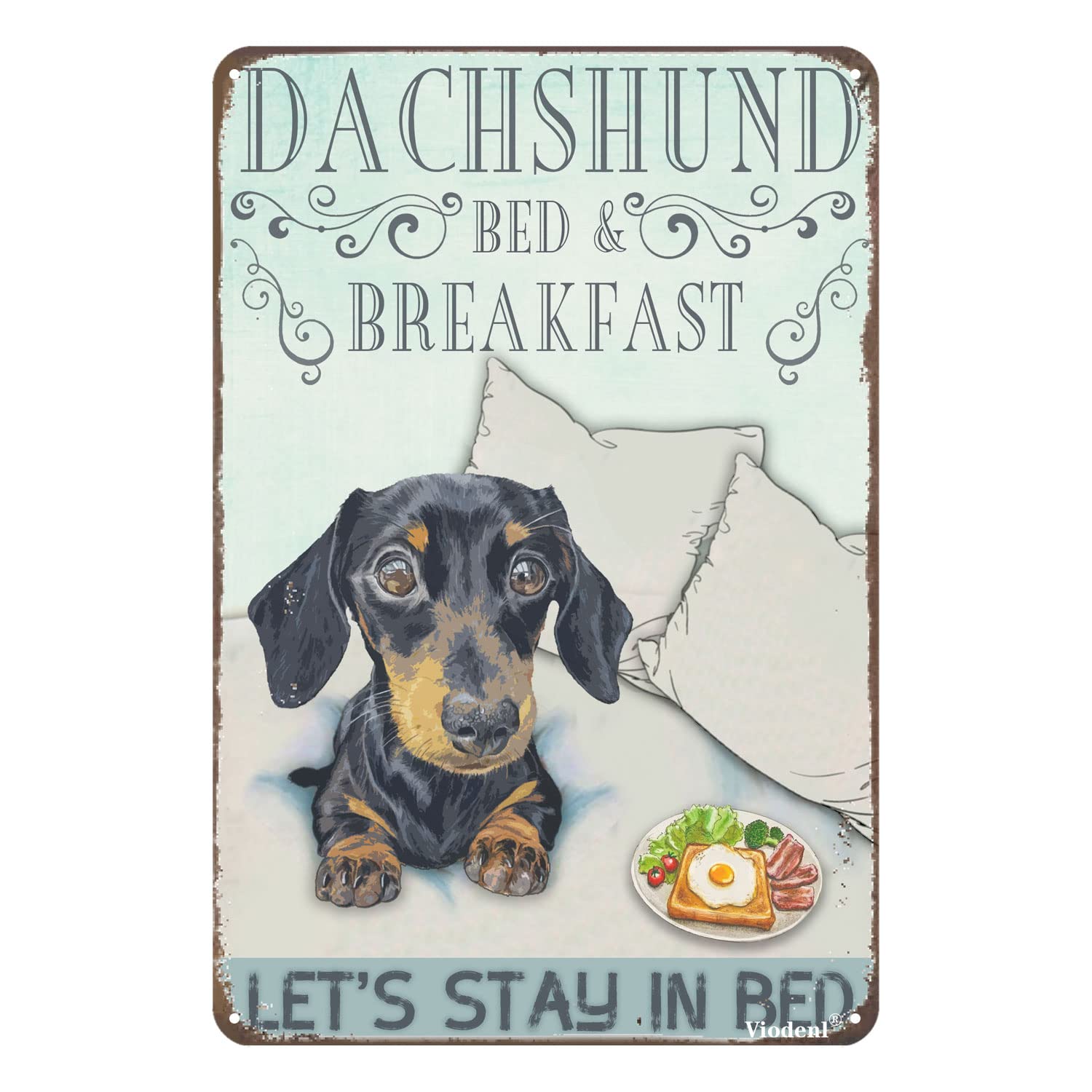 Vintage Signs Metal Signs Dachshund Bed Breakfast Let's Stay in Bed Tin Sign Wall Art Metal Poster for Home Bar Cafe Garage Bathroom 12x8 Inches