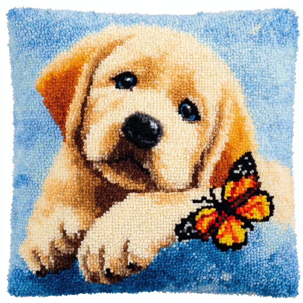 AxiangziK Latch Hook Pillow Kits 17x17in,Golden Retriever and Butterfly