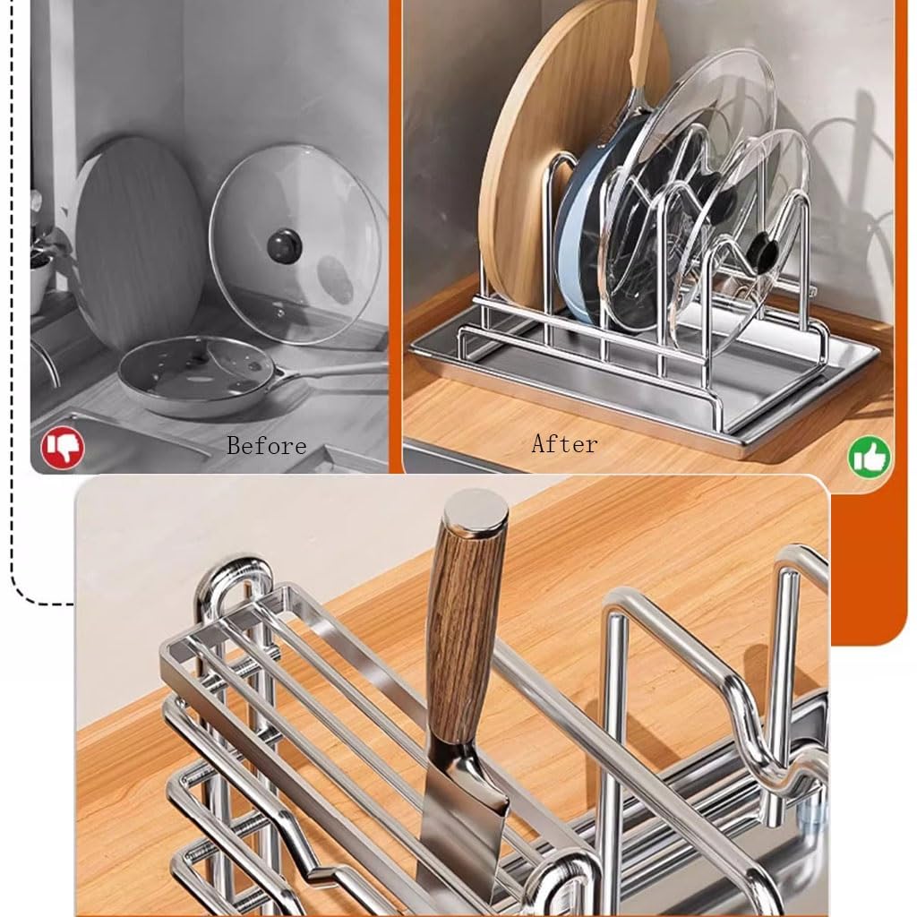 Support multifonctionnel pour ustensiles de cuisine avec égouttoir pour casseroles, couvercles, planches à découper, couteaux, baguettes, cuillères, fourchettes, couverts sur le plan de travail de