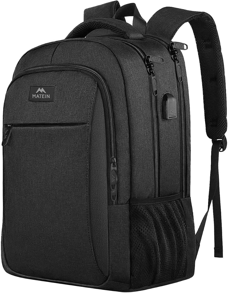 MATEIN Business Laptop Backpack, 15.6 Inch Travel Laptop Bag Rucksack with USB Charging Port, Water-Resistant Bag Daypack for Work College Computer Men Women Backpack, Black
