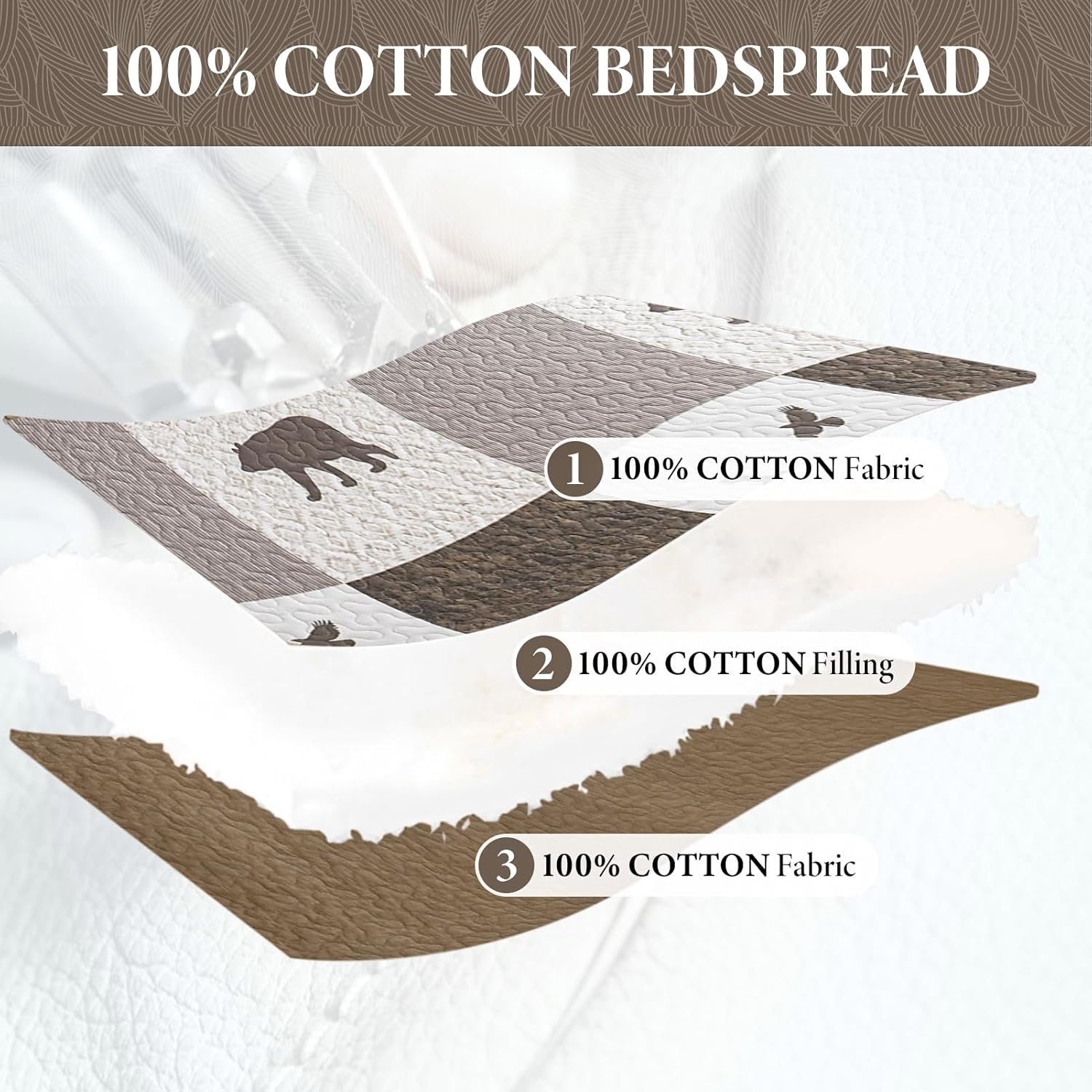 Bedduvit 100% Cotton Oversized King Bedspread - 120"x120" Extra Wide Quilt Set, Farmhouse Cottage Animal Plaid Bedspreads Coverlet Set, Bear Deer Tree Pinecone Bed Spread King Size, Brown/Gray/White