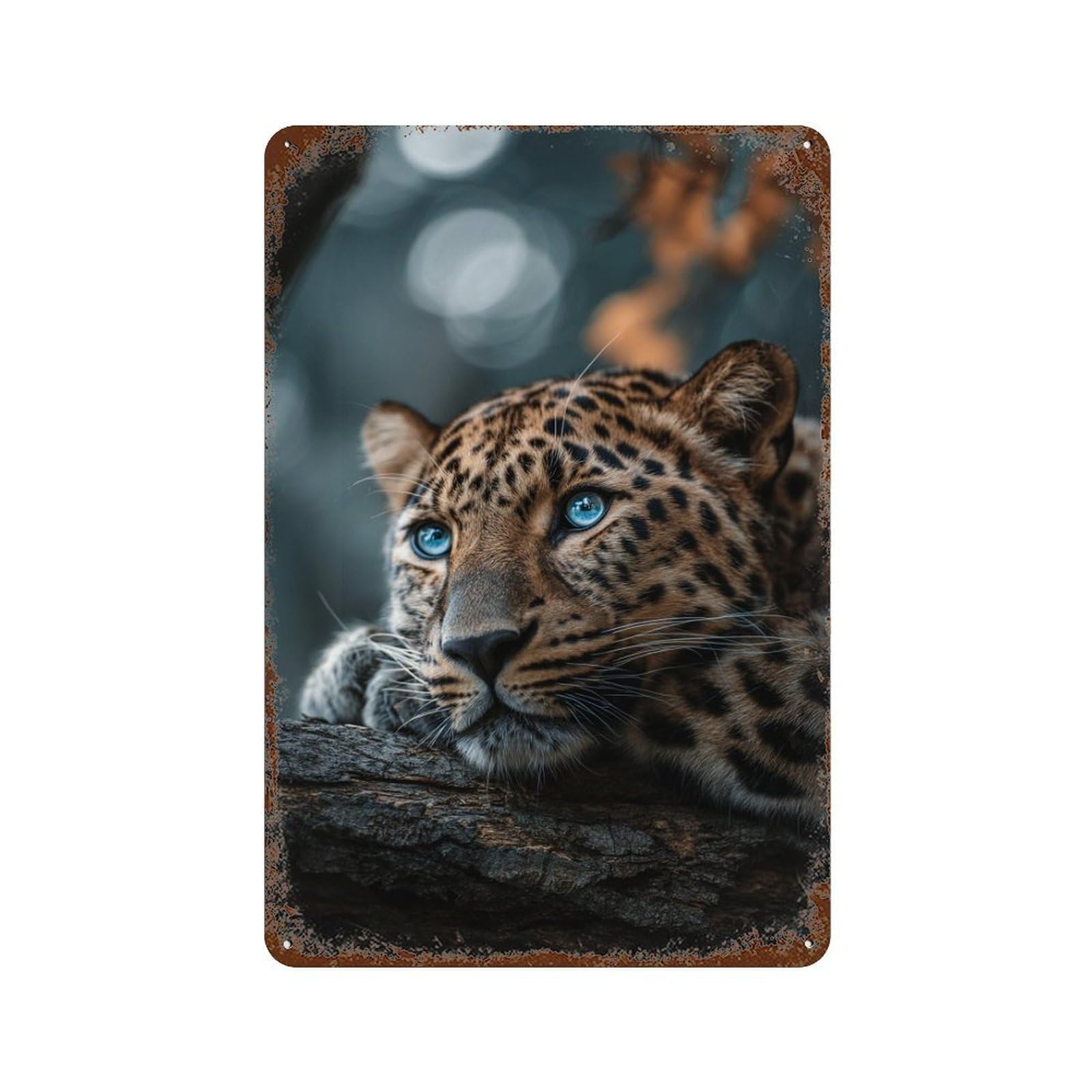 Leopard with Blue Eyes on Tree Branch Weathered Tin Sign 11.8"x7.9", Farmhouse Wall Decor for Garage, Pub Or Kitchen